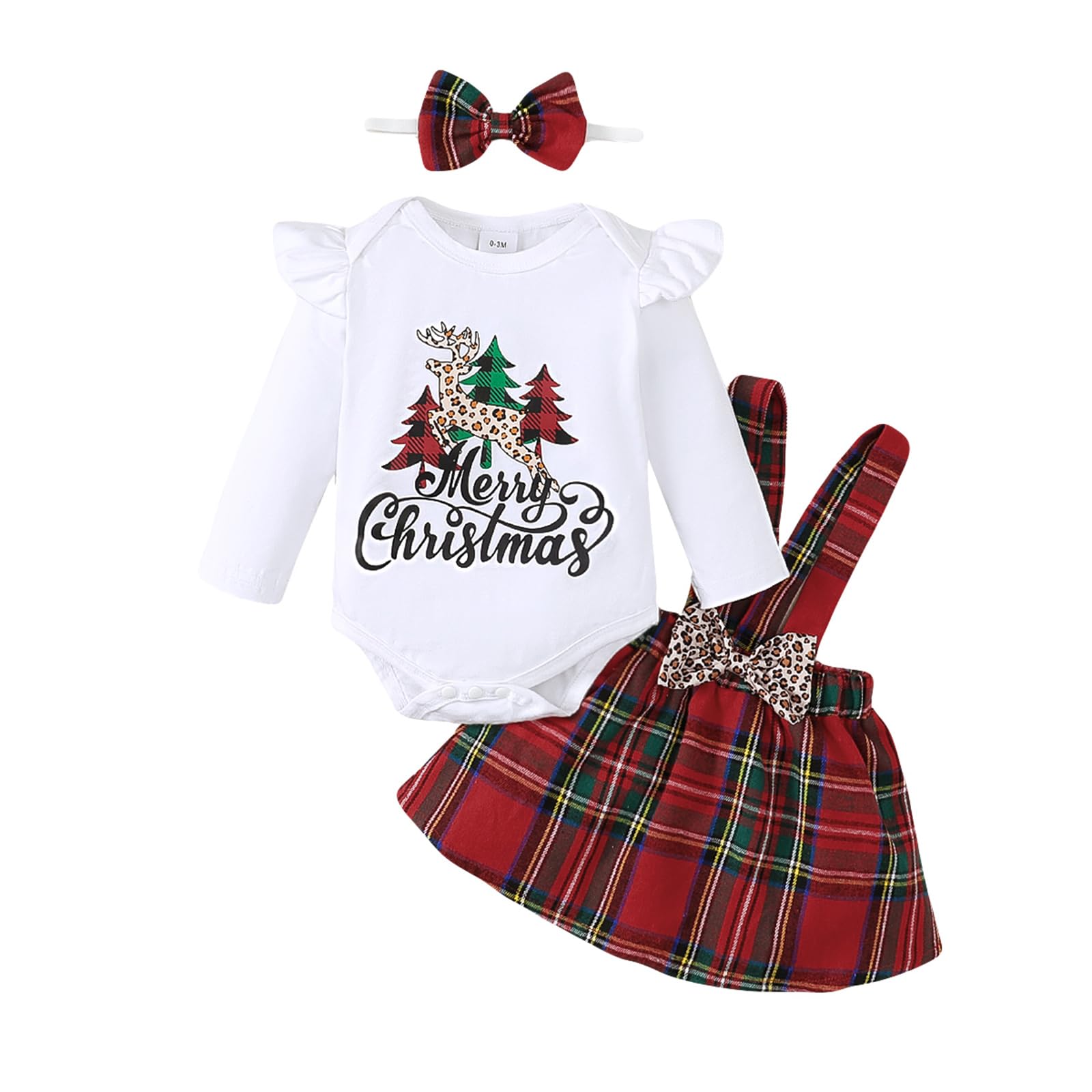 UUAISSO Babymeisjes kerstkleding lange mouwen rompers bretels plaid rok set pasgeborenen outfit, wit, 0-3 Maanden