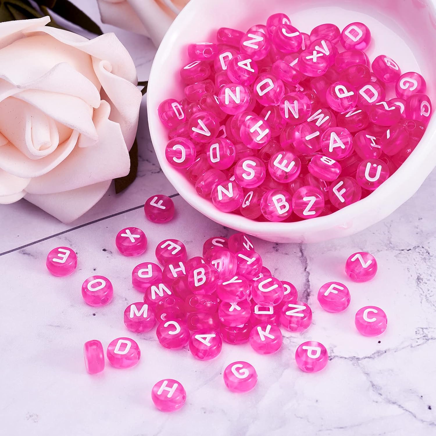 370pcs Transparent Acrylic Alphabet Letter Beads 7mm Flat Round Disc Coin A-Z White Letter Pattern Loose Spacer Beads Charms for DIY Necklace Bracelet Jewelry Making, Magenta - Image 3