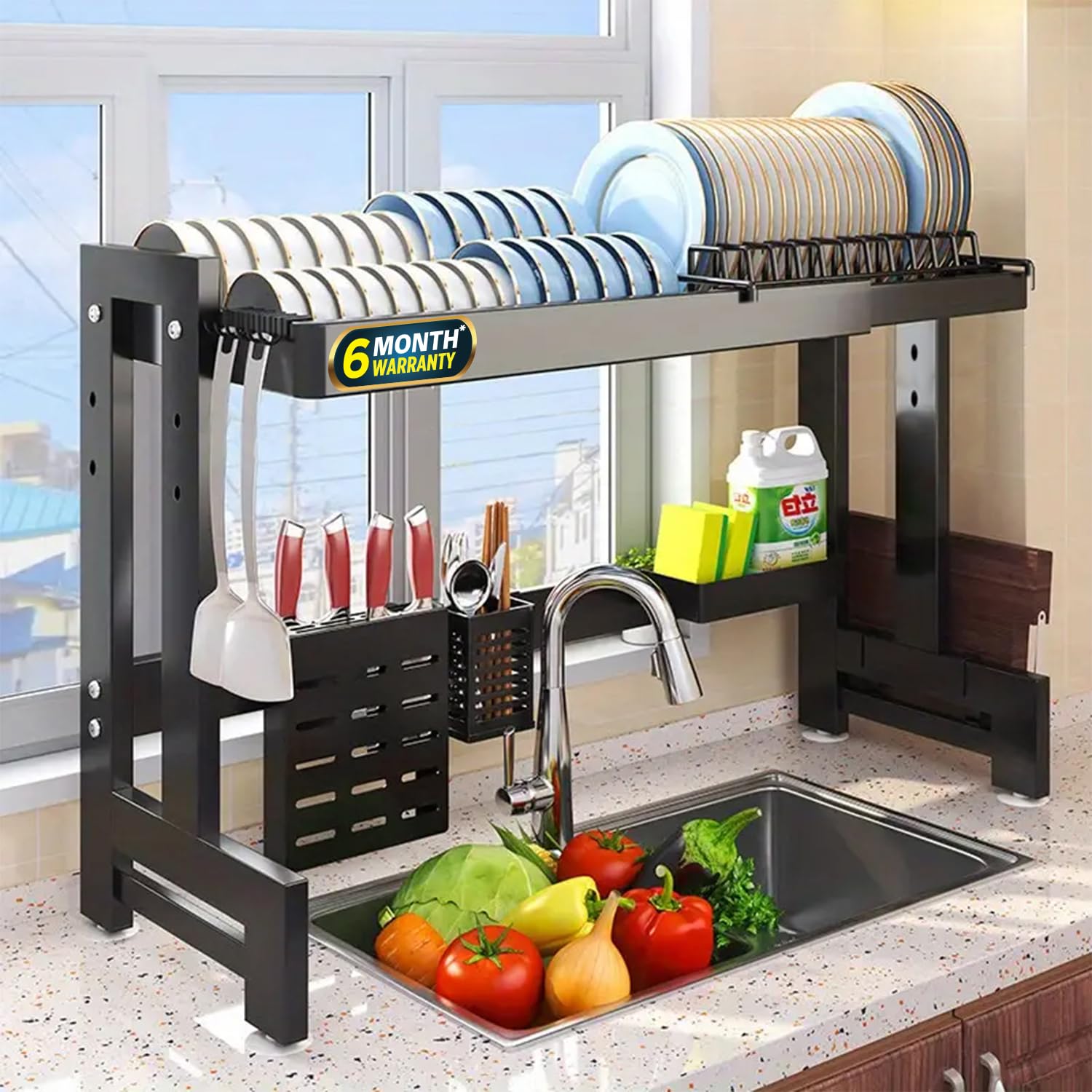 IBELL DR193SM Dish Rack for Kitchen, Adjustable Length Bartan Stand for Drying, Carbon Steel, Kitchen Organizer/Drainer Shelf/Knife Rack/Cutting Board & Sponge Basket/Utensils Storage (Black)
