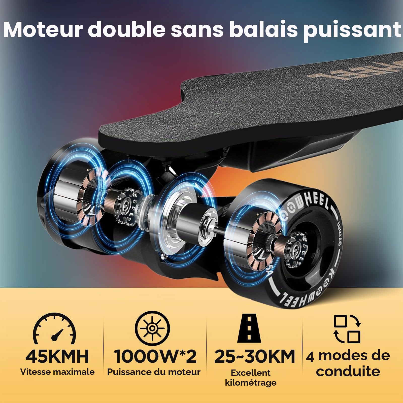 Skateboard électrique avec télécommande OLED, double moteur 2000 W, 45 km/h Max, étanche IPX4