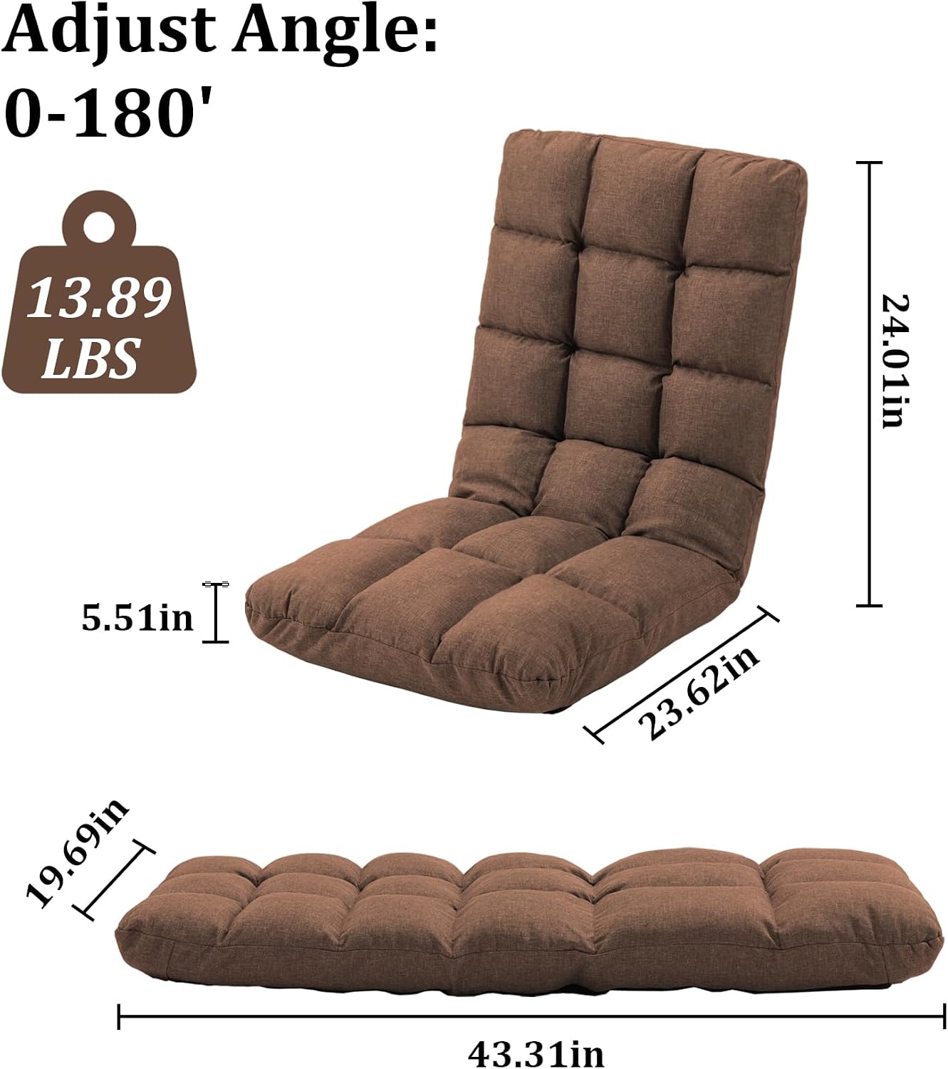 Adjustable Floor Chair for Adults with Back Support,5-Position Folding Lazy Sofa with Pillow, Gaming & Meditation Chair with Breathable Fabric - for Living Room, Bedroom, Office,Balcony, Coffee image 2