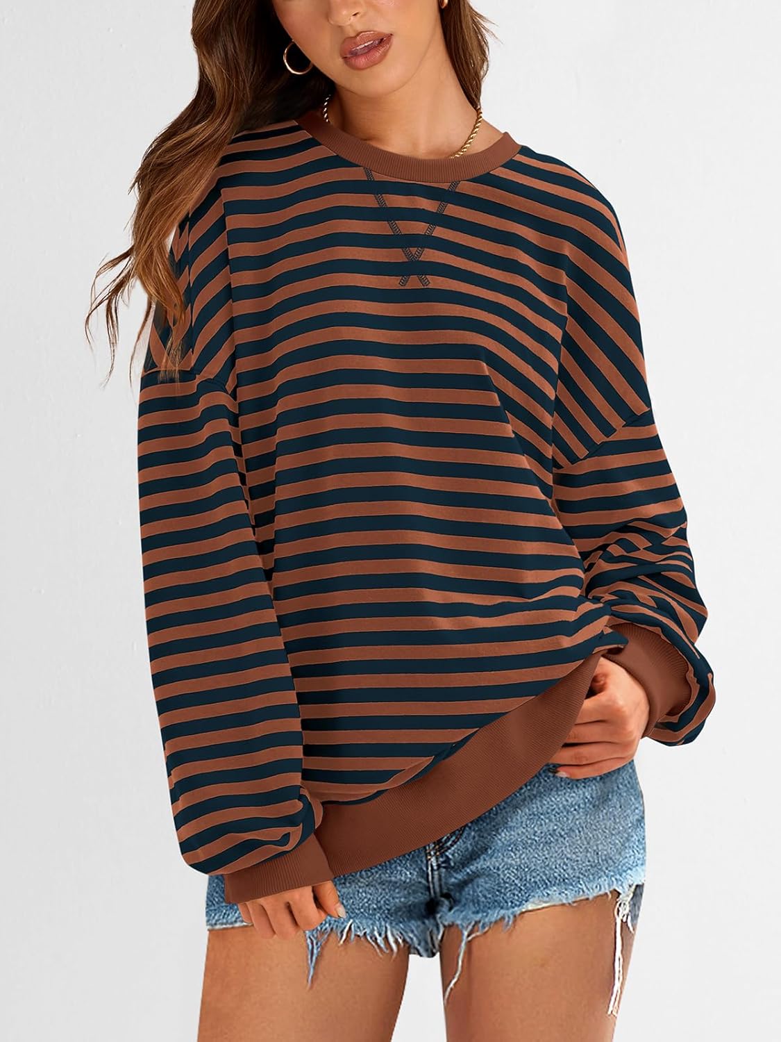 PRETTYGARDEN Womens Striped Oversized Sweatshirt Color Block Crew Neck Long Sleeve Casual Loose Pullover Top Y2K Clothes - Image 4