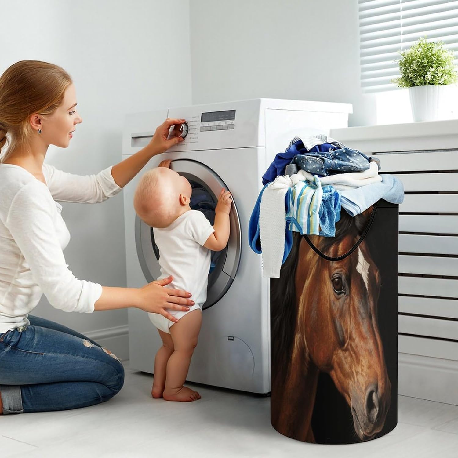 Brown Horse Laundry Hamper Large Capacity 15.7x27.2 Inch, Collapsible Dirty Clothes Basket with Handles, Foldable Storage Bin Laundry Basket for Bedroom Bathroom Dorm