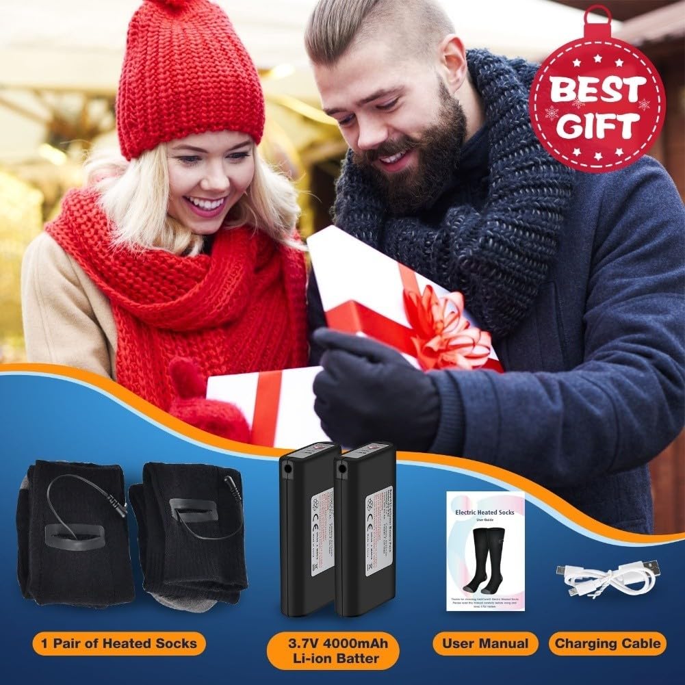Chaussettes chauffantes rechargeables pour homme et femme, chauffe-pieds électriques 5000 mAh avec chaleur réglable, lavables en machine, chaussettes thermiques pour temps froid (L)