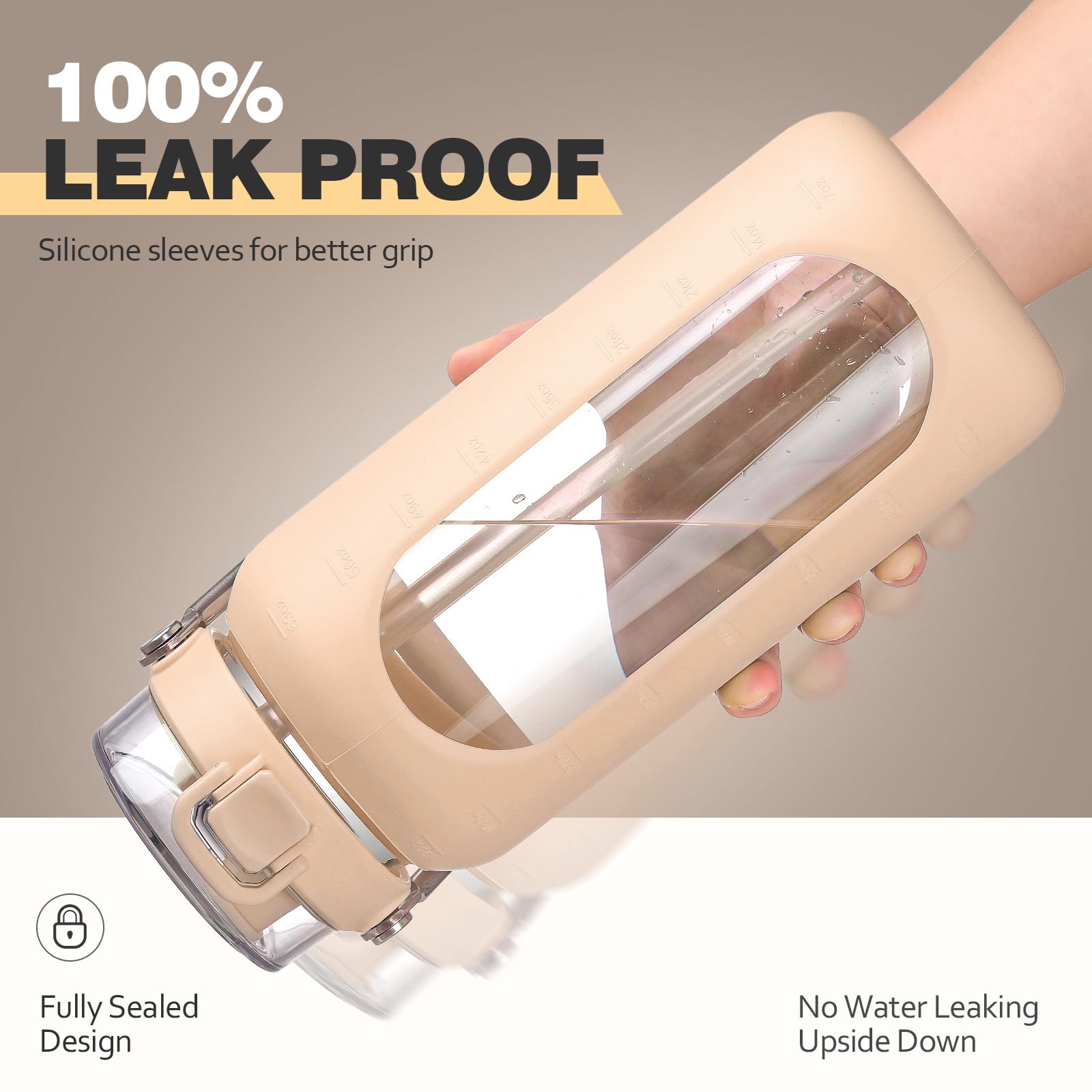 HYDRAGLAZIC 2L Bottiglia D'acqua in Vetro Con Cannuccia e Pennarello Motivazionale Bicchiere D'acqua Con Manicotto in Silicone e Coperchio Con Beccuccio largo Senza BPA Prova Diperdite, Colore