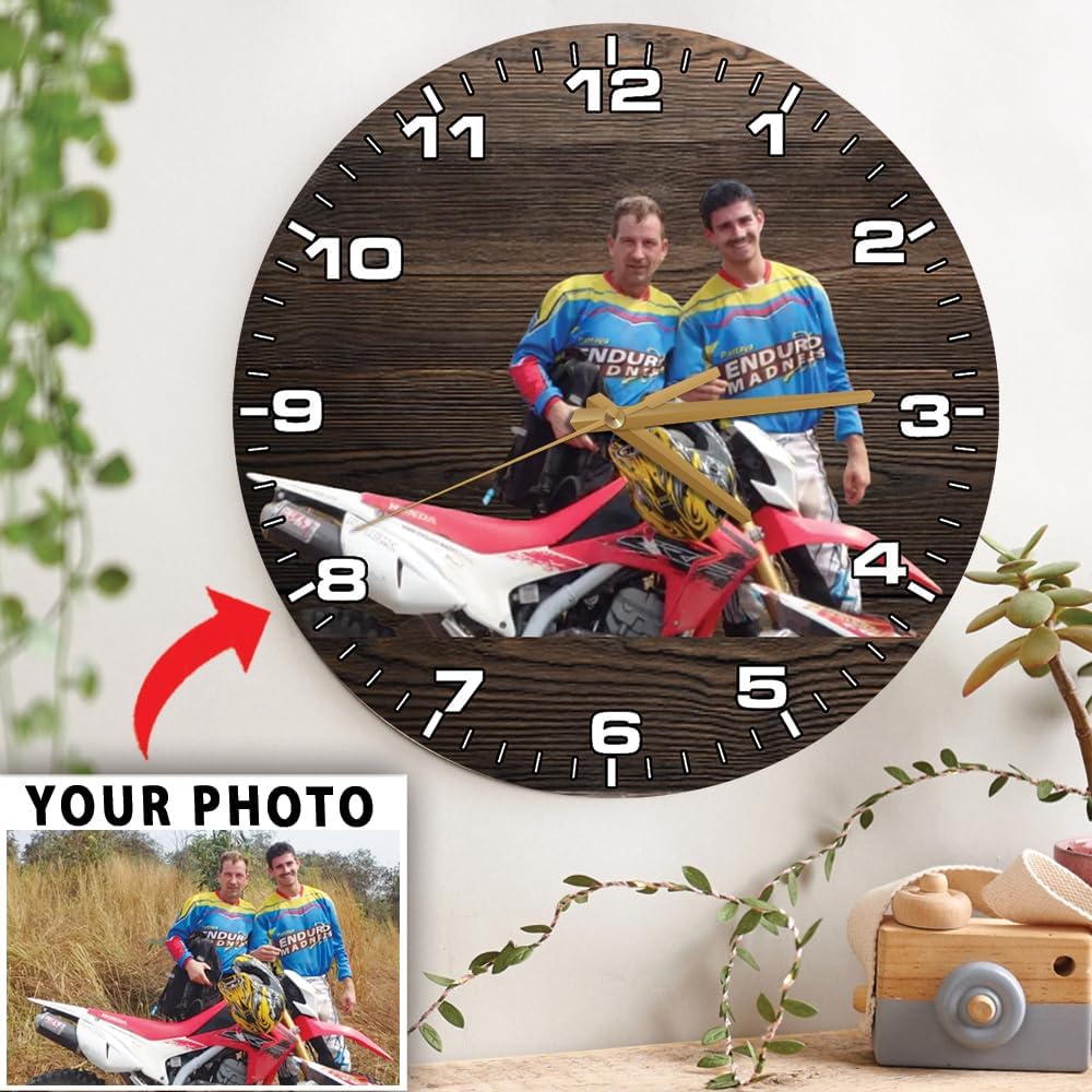 Custom Motocross Room Decor Wall Clock - Personalized 12 Inch Wooden Dirt Bike Picture Clock - Silent MX Rider Gift for Kids Room, Bedroom, Garage, Man Cave