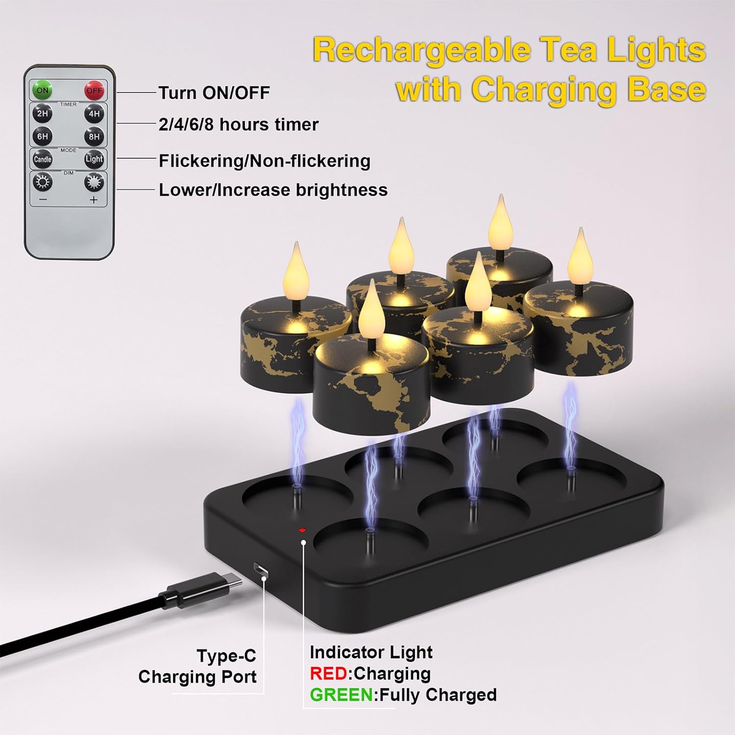 Flameless Tea Lights Candles with Charging Station,Black Marble Pattern,LED Tea Lights Candles with Remote Control Timer for Valentine's Day,Centerpiece Table Decorations,Anniversary,Home Decor,6-Pack