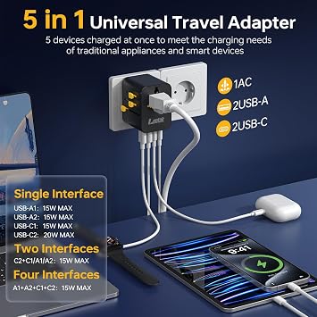 Universal Travel Adapter Worldwide,International Power Adapter with 2 USB-A&2 USB-C&1 AC Outlet,All in One European Travel Plug Adapter for EU/UK/US/AU Over 200+ Country/Region(Type A/C/G/I)-Black