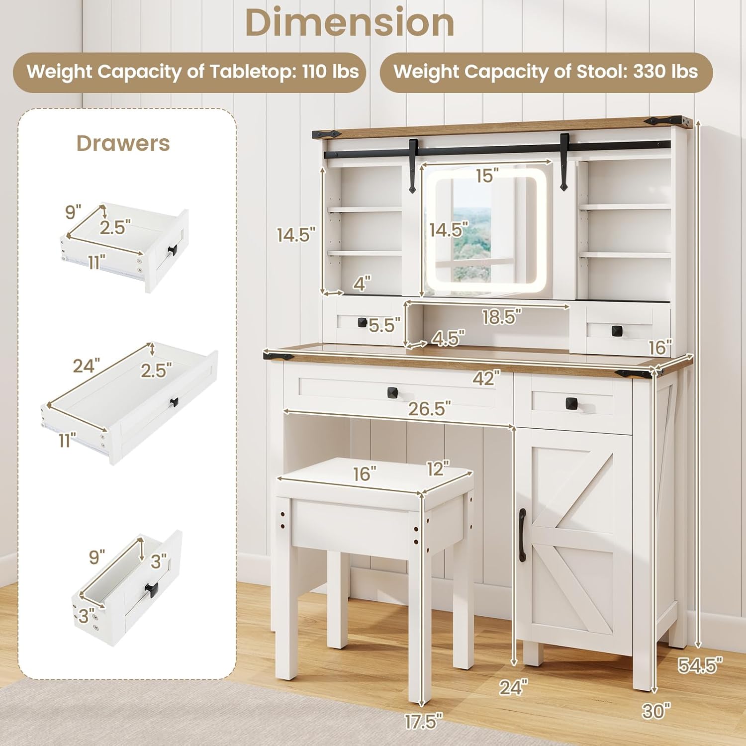 Diagram showing detailed dimensions of the vanity desk and stool