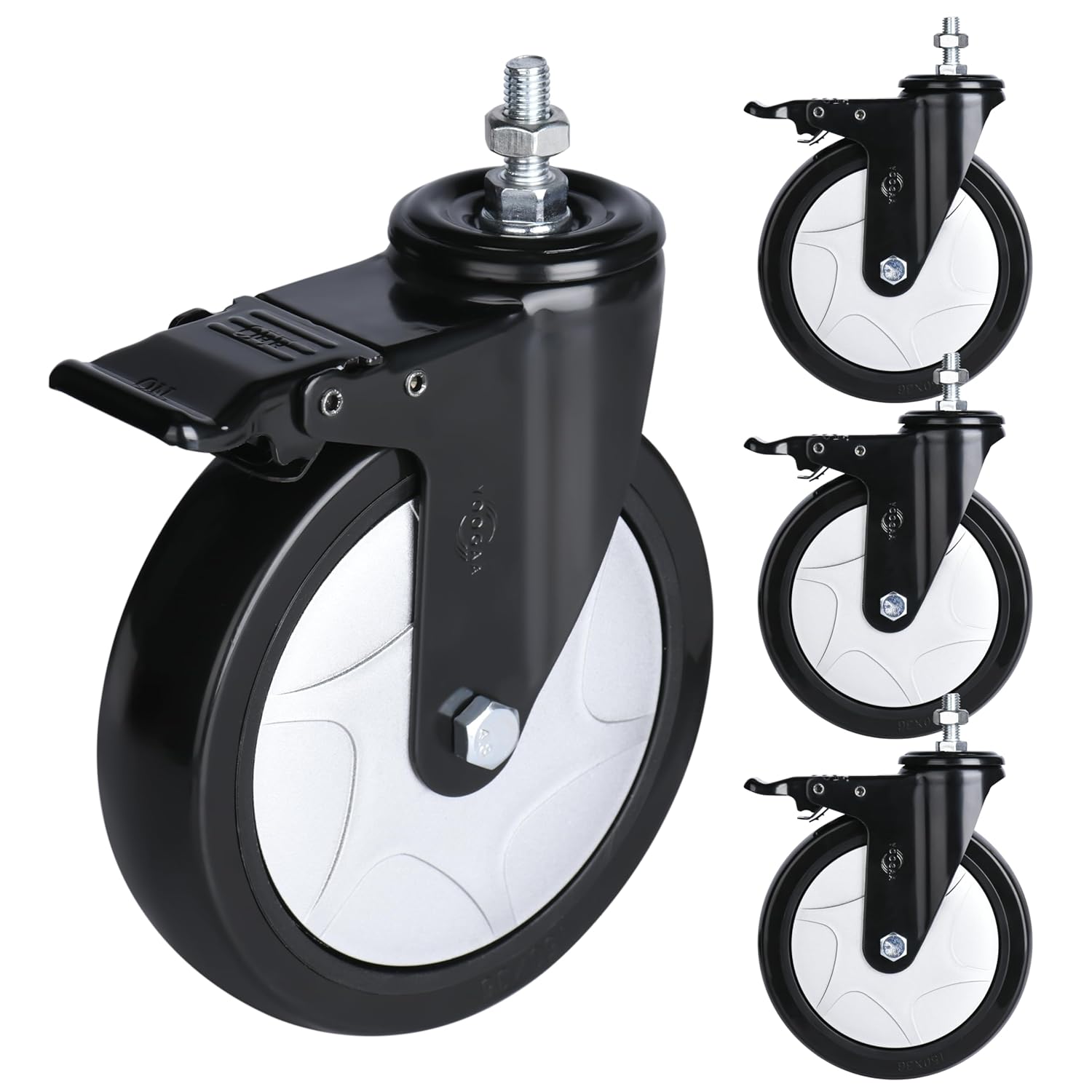 YOOGAA M10 Stem Caster 6 inch Threaded Heavy Duty Swivel Caster Wheels 2000lbs Dual Locking Industrial Casters Set of 4 Castors for Wire Shelving, Carts, Furniture.