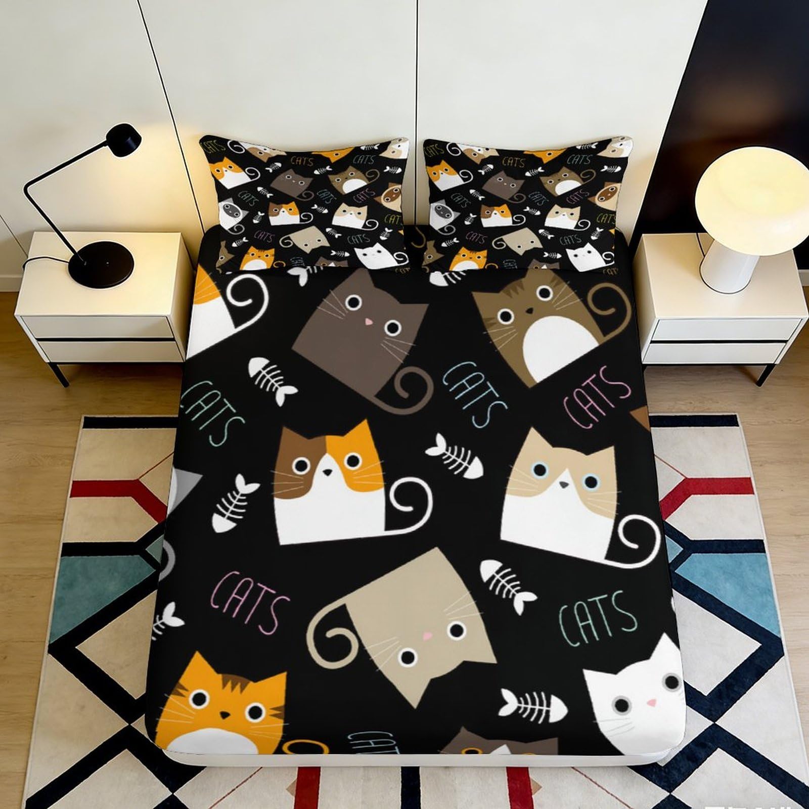 3D Printed Cat Pattern Fitted Sheet Microfiber Soft Durable Black Bed Cover with Cartoon Cats Mattress Cover for Bedroom Dormitory Guest Room 180x200x25cm