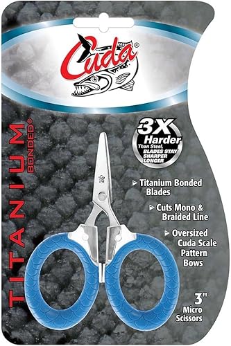 Miniatura 9 de Cuda Tijeras de pesca micro de titanio de 3 pulgadas para línea mono, fluorocarbono y trenzada con bordes dentados dobles (18826), azul (paquete de