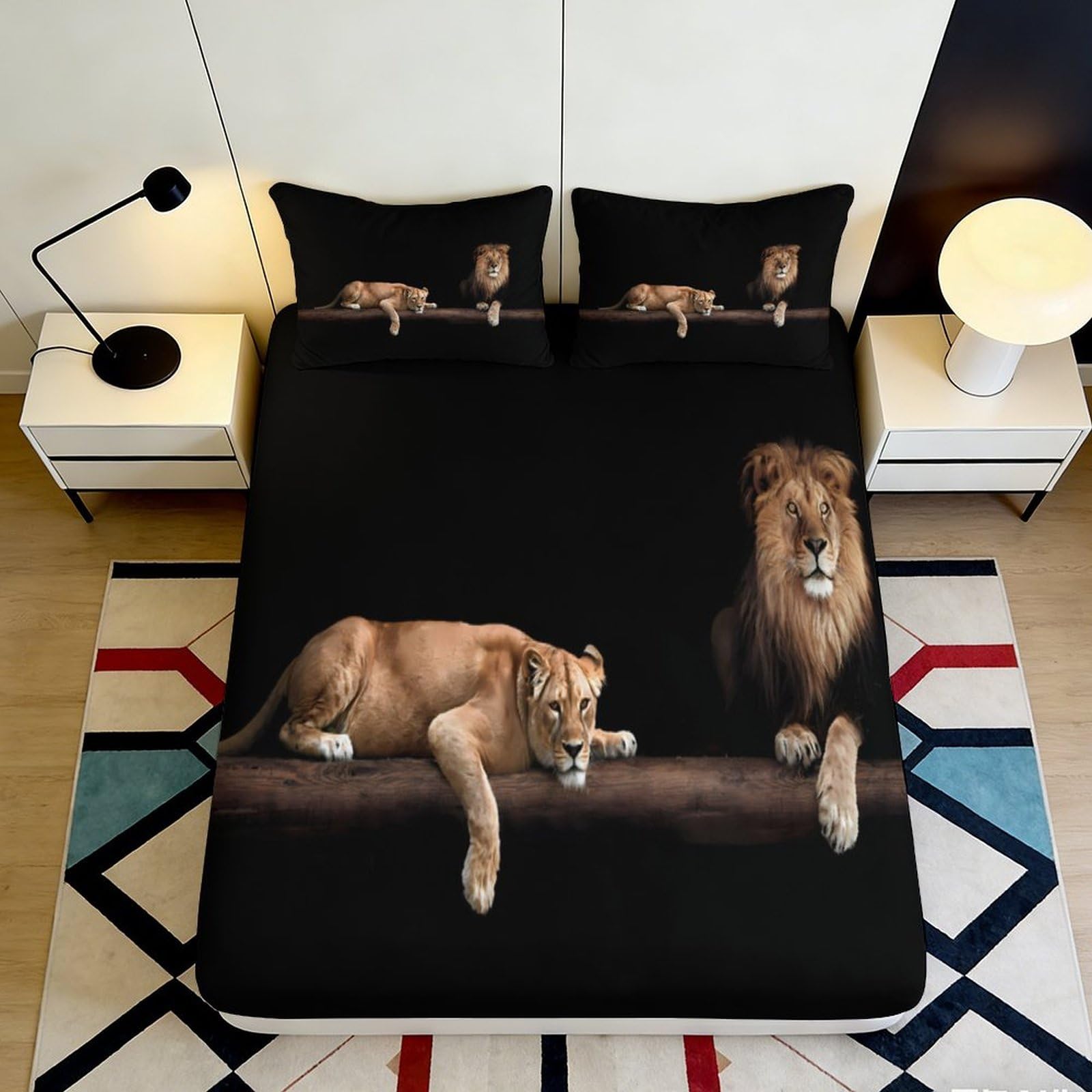 Pnayamiorkfel Style-6 3D Printed Lion And Lioness Fitted Sheet Microfiber Soft Black Animal Bed Cover For Bedroom Guestroom Decor 90X200x25cm
