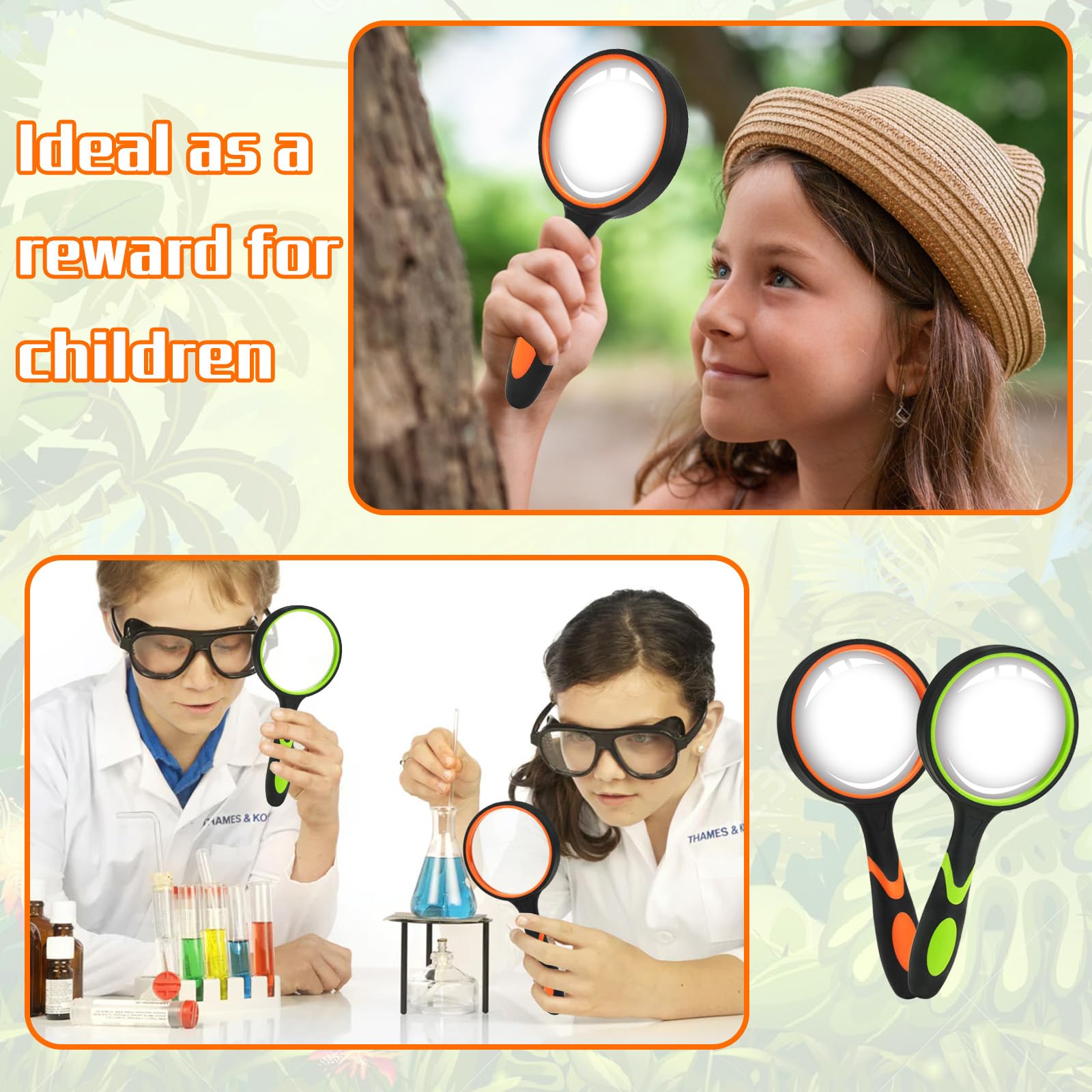 12 lenti di ingrandimento da 75 mm, per bambini, 10 X, grande lente d'ingrandimento per anziani in lettura, 2 colori, per bambini, ricercatori, impugnatura in gomma morbida antiscivolo con panno per
