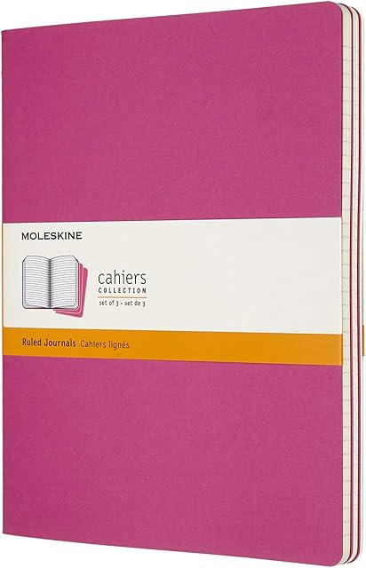Moleskine Cahier Journal, Set 3 Notebooks with Ruled Pages, Cardboard Cover with Visible Cotton Stiching, Colour Kinetic Pink, Extra Large 19 x 25 cm, 120 Pages