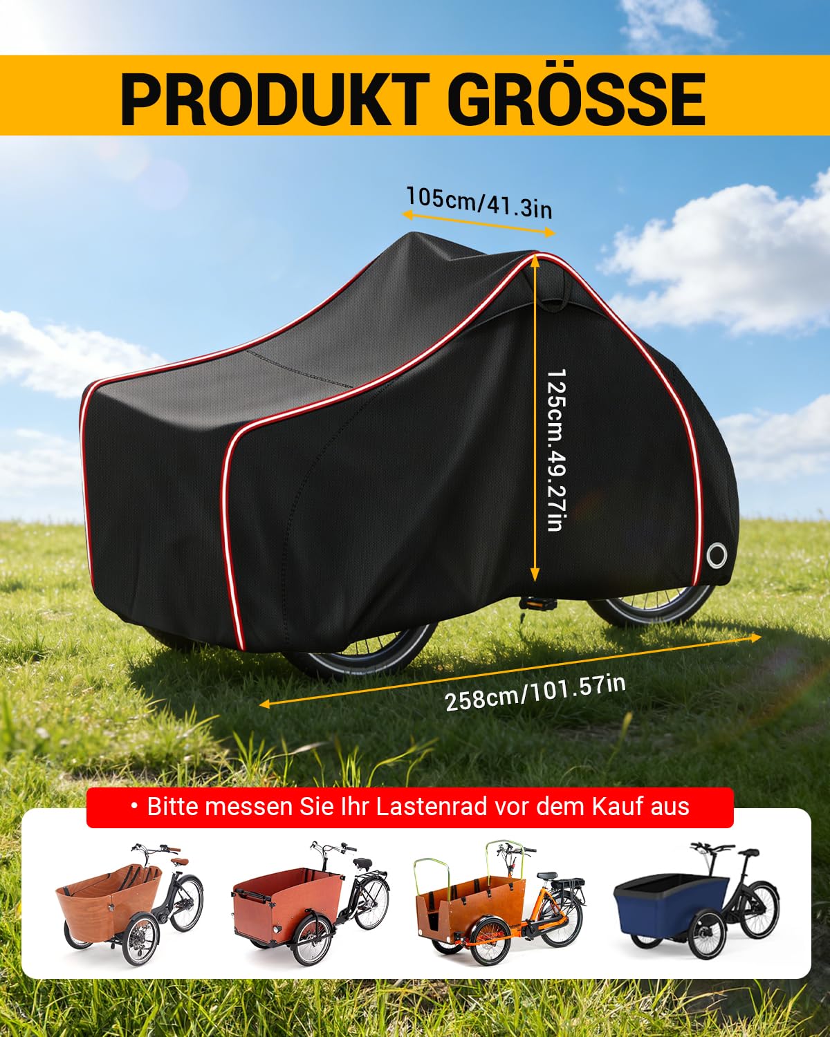 Fahrradabdeckung Lastenrad Abdeckplane Lastenrad Wasserdicht Lastenrad Abdeckung Dreirad mit Reflektorstreifen 420D Oxford-Gewebe Winddichte Reißfest (258×105×125cm)