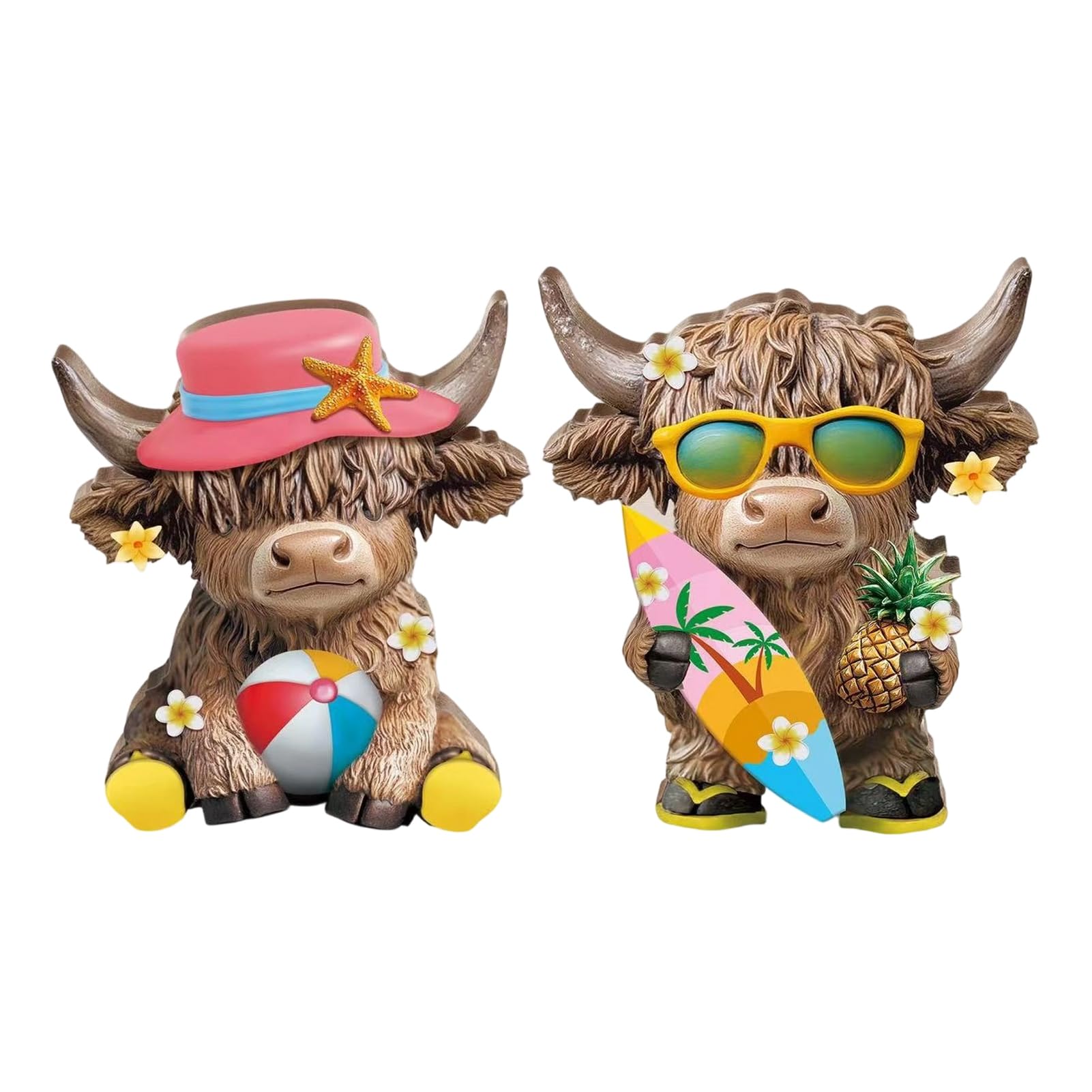 Glifora 2 Pcs Summer Highland Cow Figurines - Wooden Beach Seaside Scottish Statue for Home, Kitchen, Tiered Tray and Table Decor