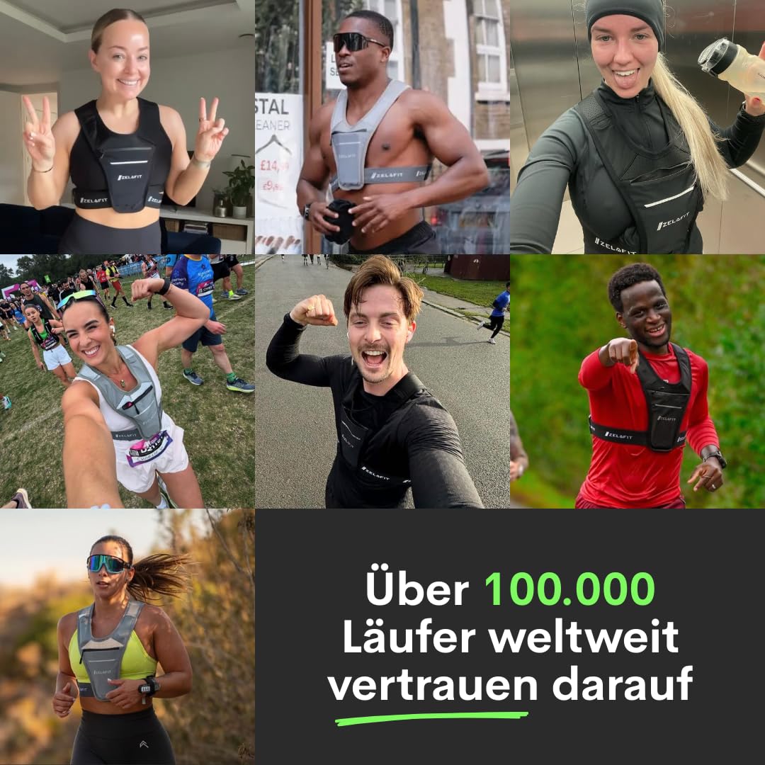 ZelaFit® Laufweste für Damen und Herren, Einheitsgröße, verstellbar, leichte Laufweste mit Reflektoren, wasserdichter Handytasche, Schlüsselhalter, kompakte Alternative zum Laufrucksack (Schwarz)