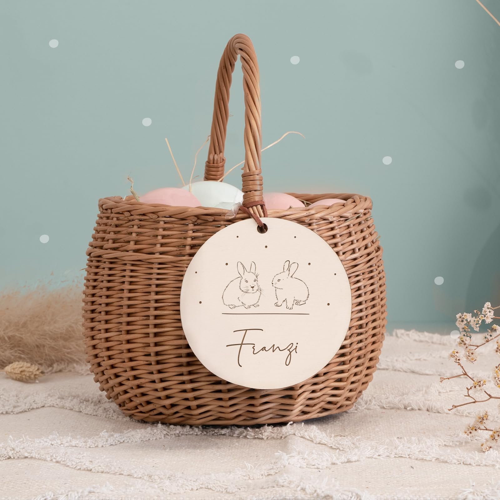 Personalisiertes Osterkörbchen – Weidenkörbchen für Kinder & Babys – Mit süßem Tier-Design – Ostereiersuche & Ostergeschenke - Flechtkorb - hello mini (2 Hasen Gravur, Ø15cm)