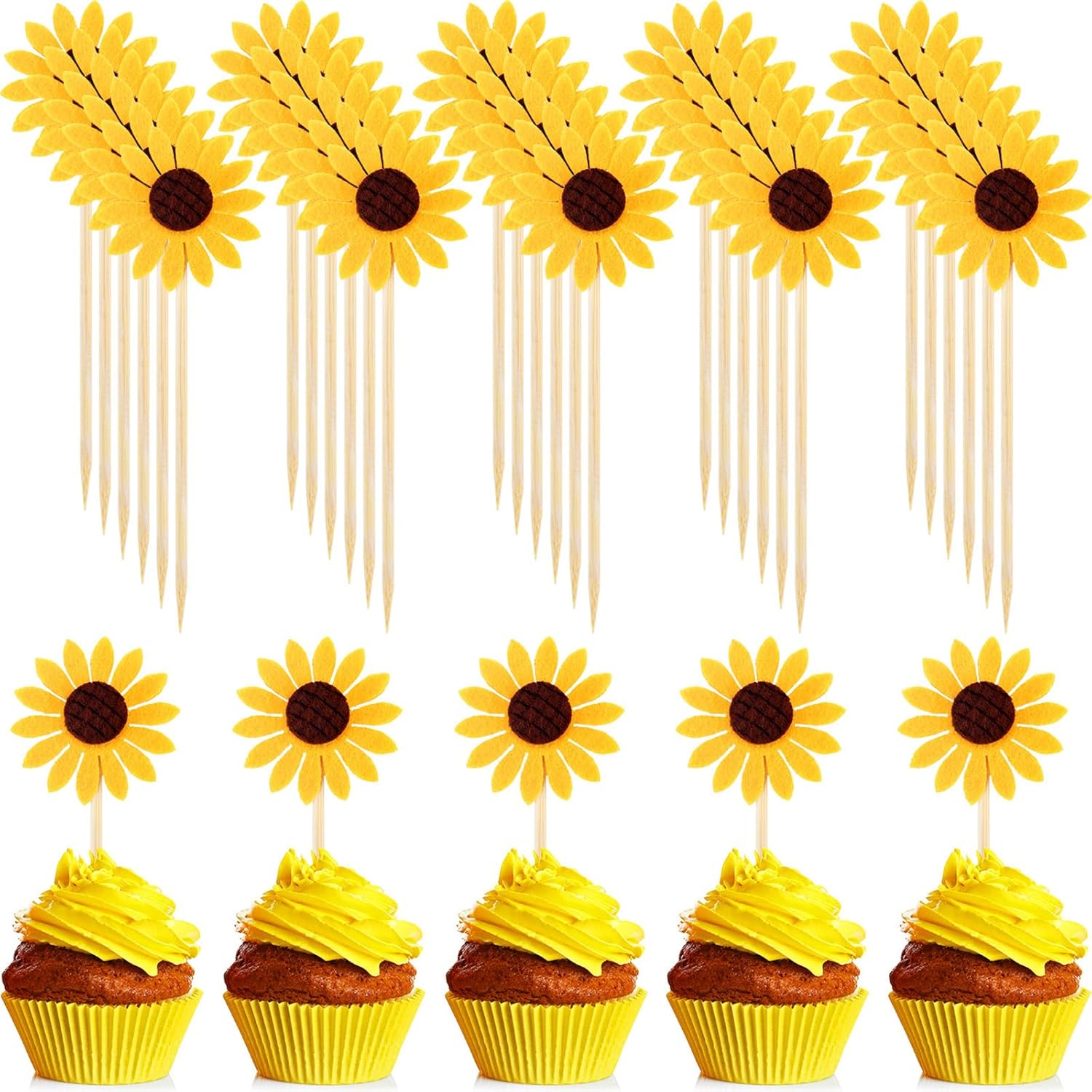 60 piezas de adornos de girasol para cupcakes de flores amarillas, palillos de dientes de girasol, palillos de comida de verano para suministros de
