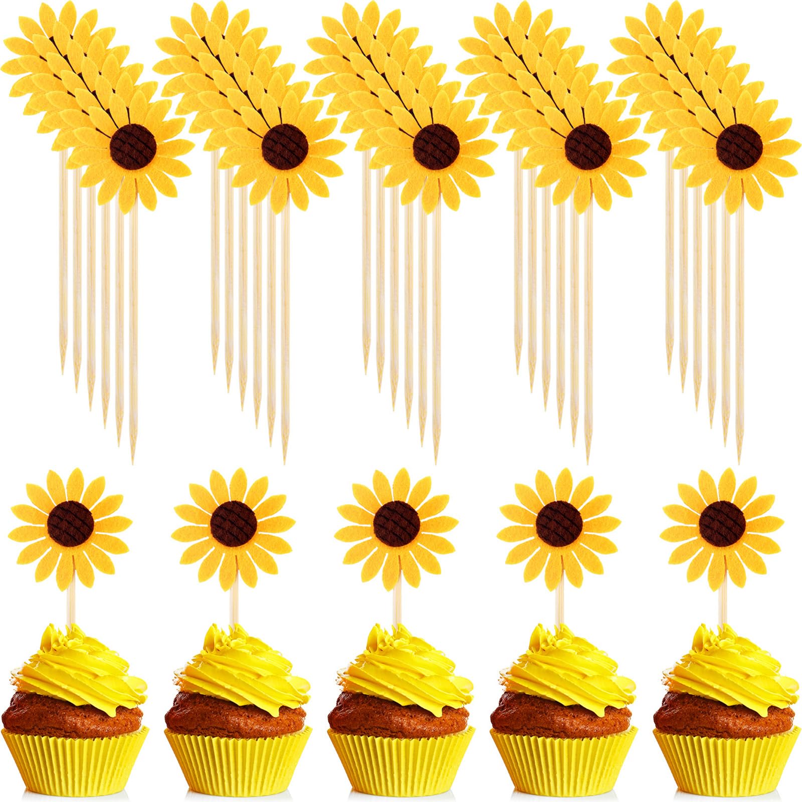 60 Pieces Sunflower Cupcake Toppers Yellow Flower Cake Picks Sunflower Toothpicks Summer Food Picks for Wedding Party Supplies Birthday Cake