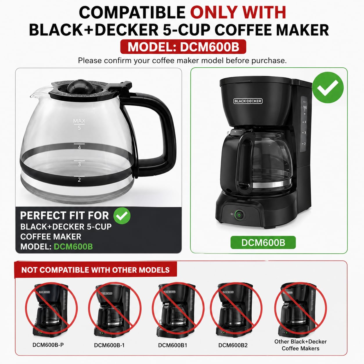 Amazon.com: 5 Cups Glass Coffee Maker Pot Replacement, Compatible with Black  Decker DCM600B Coffee Maker: Home & Kitchen