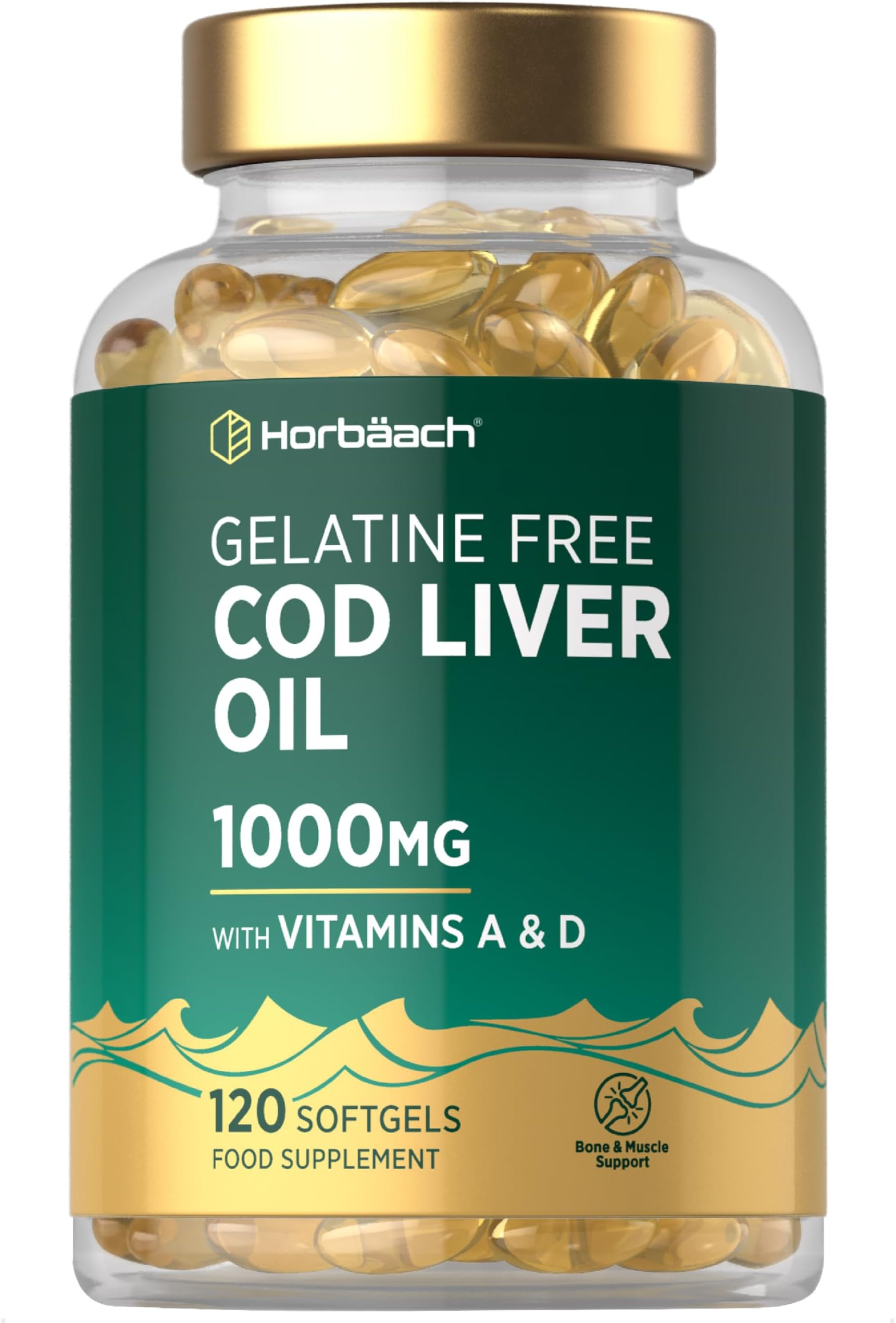 Cod Liver Oil Gelatine Free 1000mg | 120 Capsules | High Strength Supplement with Vitamin A, D and Omega 3 DHA/EPA | Suitable for Pescatarians | By Horbaach