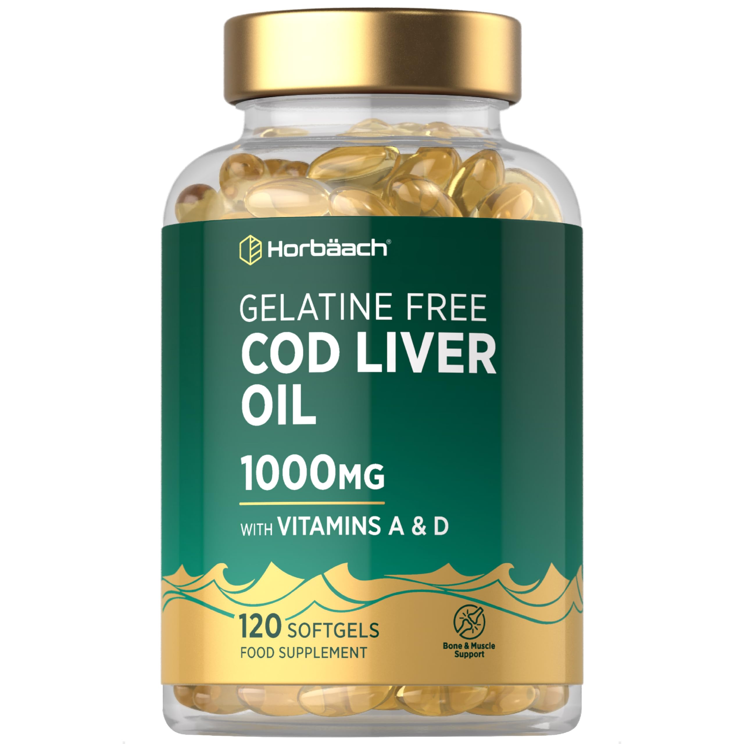 Cod Liver Oil Gelatine Free 1000mg | 120 Capsules | High Strength Supplement with Vitamin A, D and Omega 3 DHA/EPA | Suitable for Pescatarians | by Horbaach
