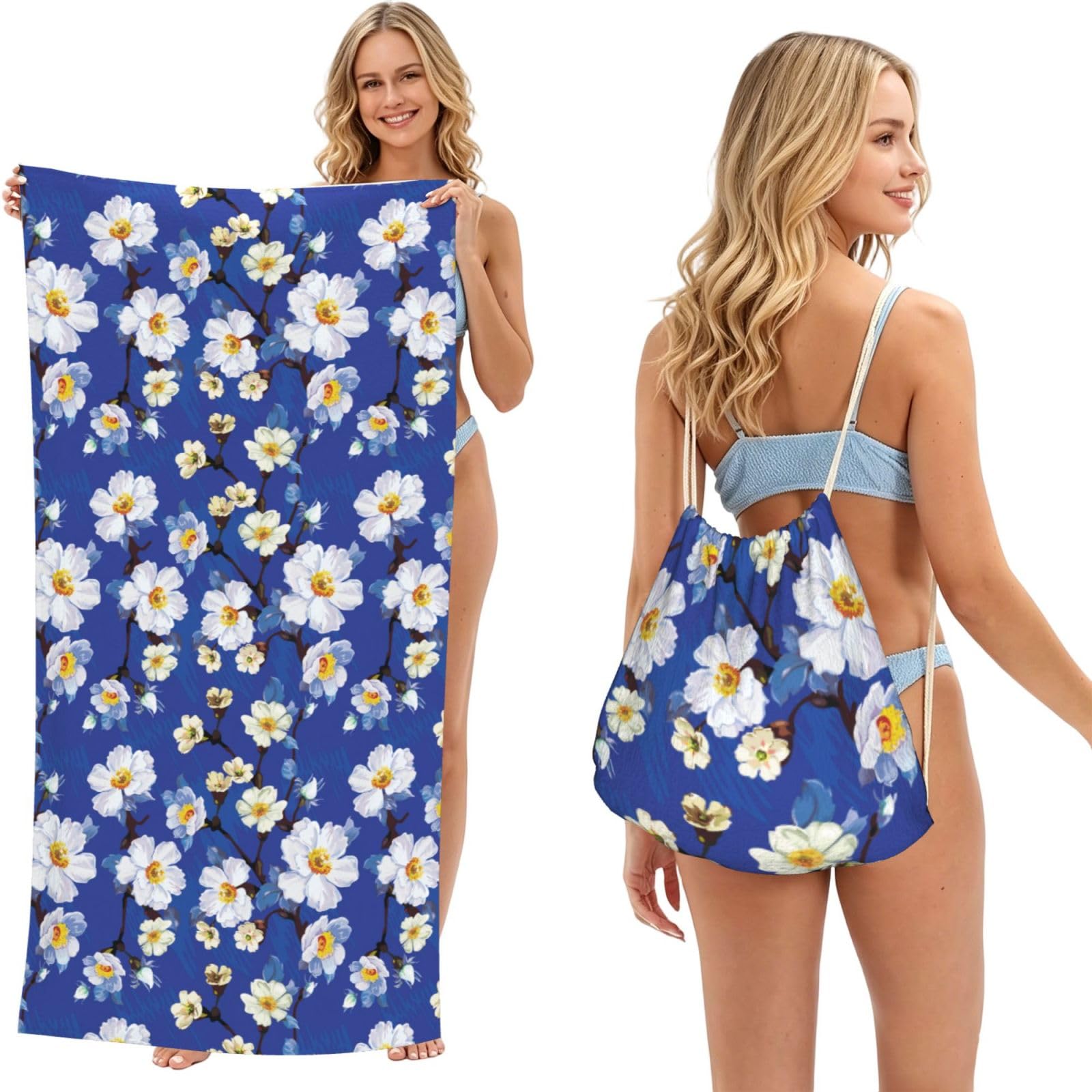 Poadnly As Picture Watercolor Flower, 2 In 1 Packable Towel Bag, Beach Towels With Drawstring Backpack For Travel Holiday Camping