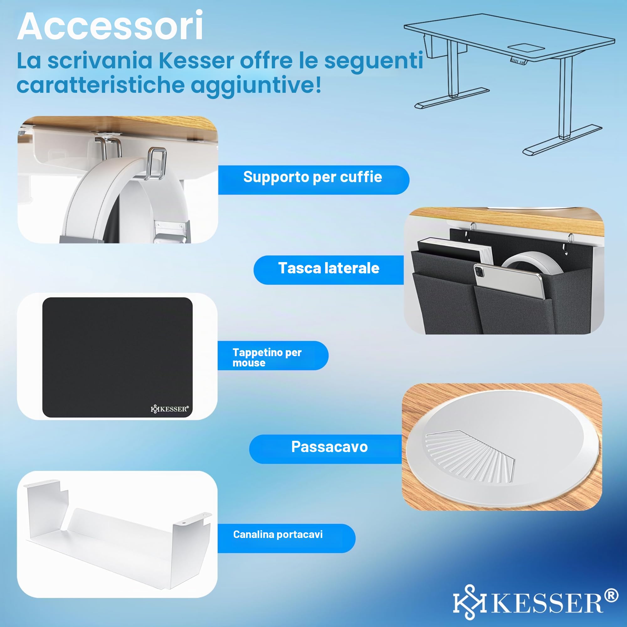 KESSER® Scrivania elettrica regolabile in altezza, Scrivania ergonomica per postura eretta, Controllo di memoria a 3 funzioni, incl. Ruote a 360° e Porta di ricarica USB, 140x70 cm - Beige