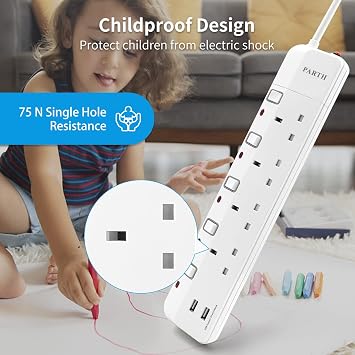 PARTH 3m Extension Lead with 2 USB Slots,Surge Protected,4 Way,White