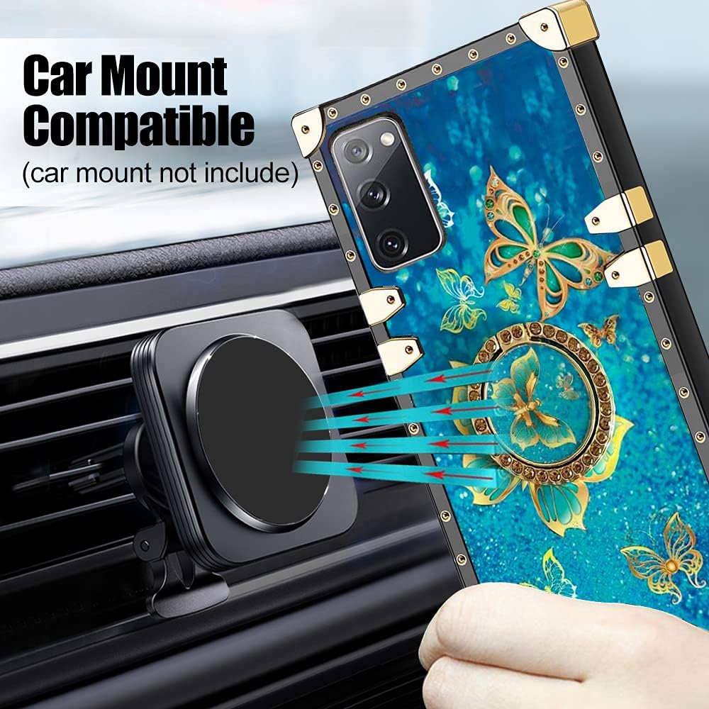Samsung Galaxy S20 FE Case with Ring Stand Holder, Square Edge Diamond Rivet Crystal Elegant Soft TPU Rhinestone Reinforced Corner Shock-Absorbing Protective for Samsung S20 FE (Butterfly Blue)