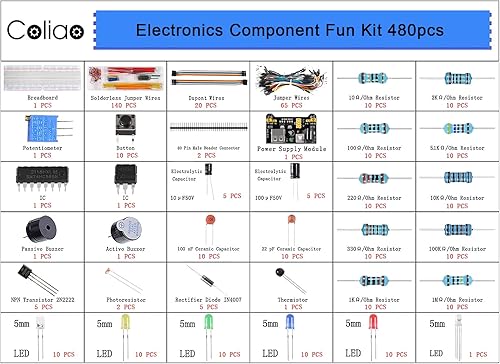 Miniatura 3 de Kit de 480 piezas de componentes electrónicos de 37 valores con módulo de fuente de alimentación, cable de puente, tabla de pan de 830 puntos de