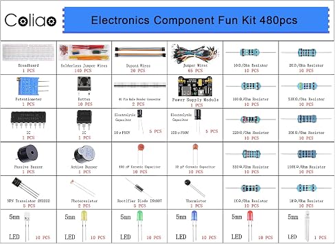 480pcs 37 Values Electronics Component Fun Kit with Power Supply Module, Jumper Wire, 830 tie-Points Breadboard, Precision Potentiometer, Resistor