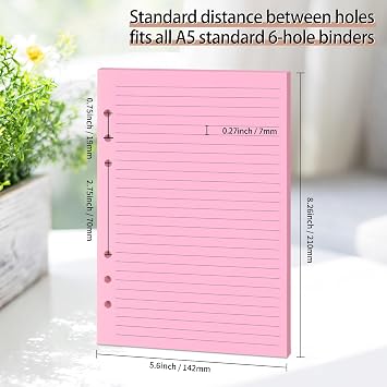 Lined Refill Paper, Colorful Ruled Journal Fillers, A5 Planner Inserts | for 6-Ring Binder,5-color 120 GSM Thick Loose Leaf Paper,50 Sheets/100 Pages (Colorful Lined, A5)