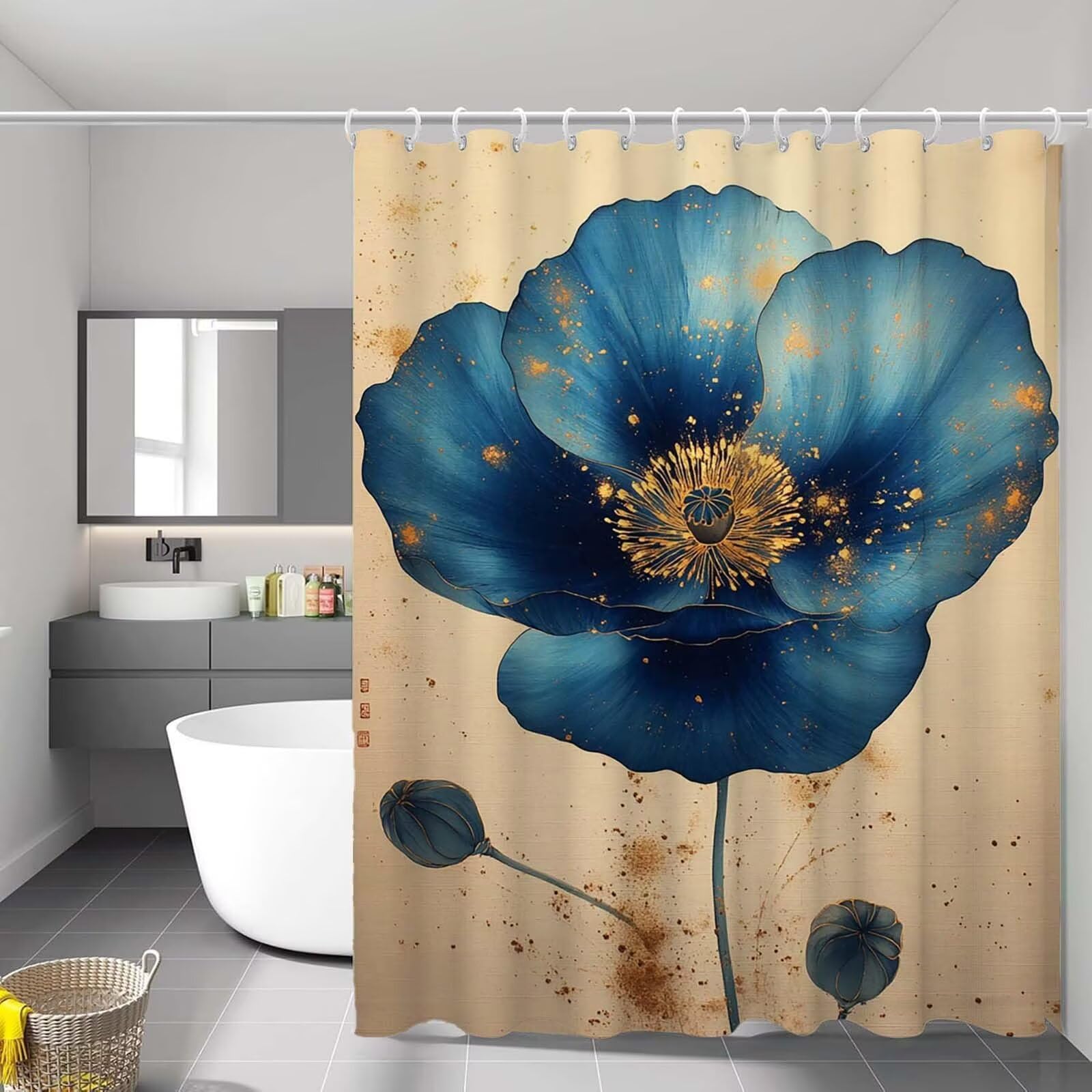 Rideau douche bleu floral pour une salle de bain zen et toujours sèche