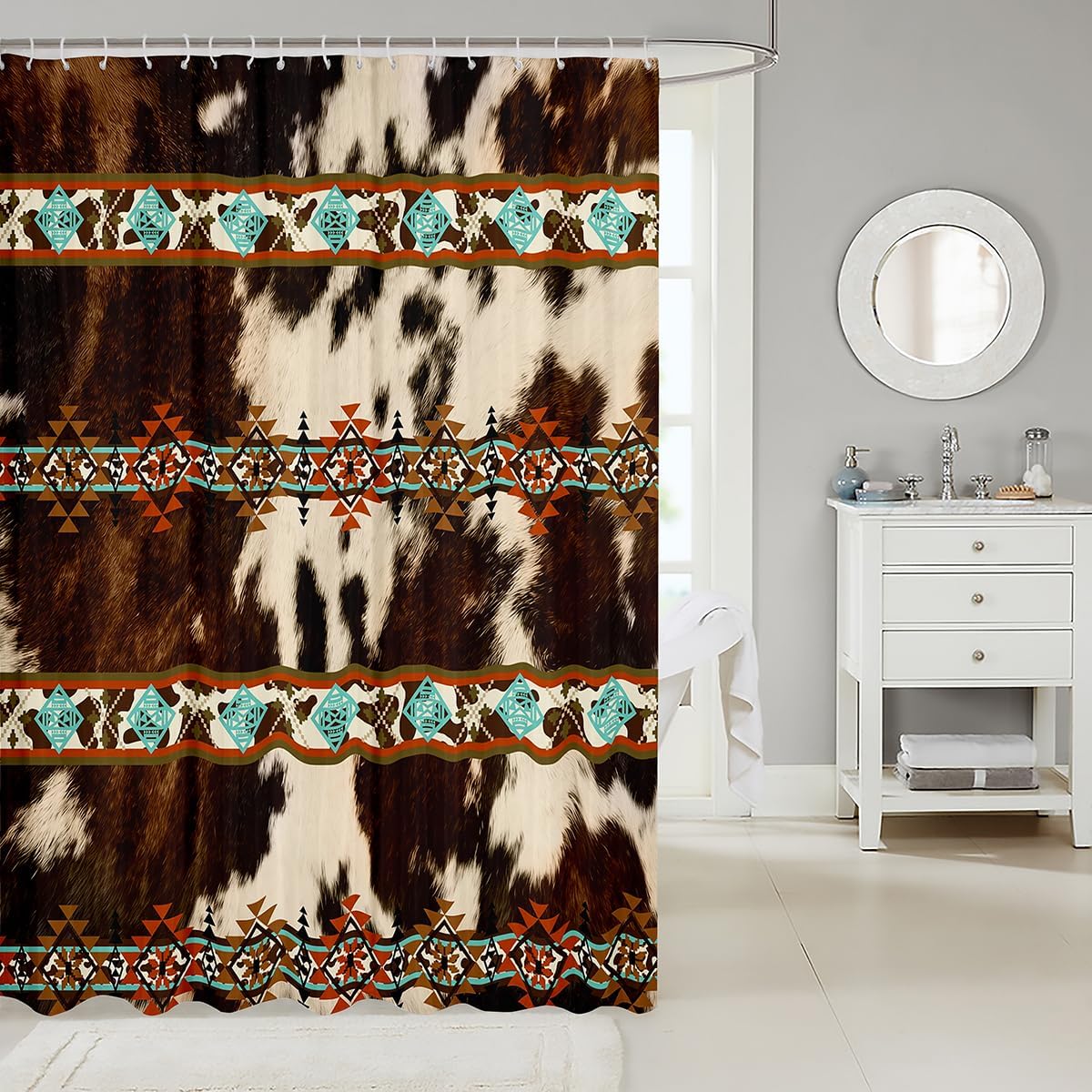 Erosebridal Cowhide Shower Curtain Western Bath Curtain,Brown Cow Print Shower Curtain Set Exotic Diamond Aztec Tribe Farm Animals Bull Cattle Skin Bathroom Decor Cowboys Gifts for Women 72" Wx78 L