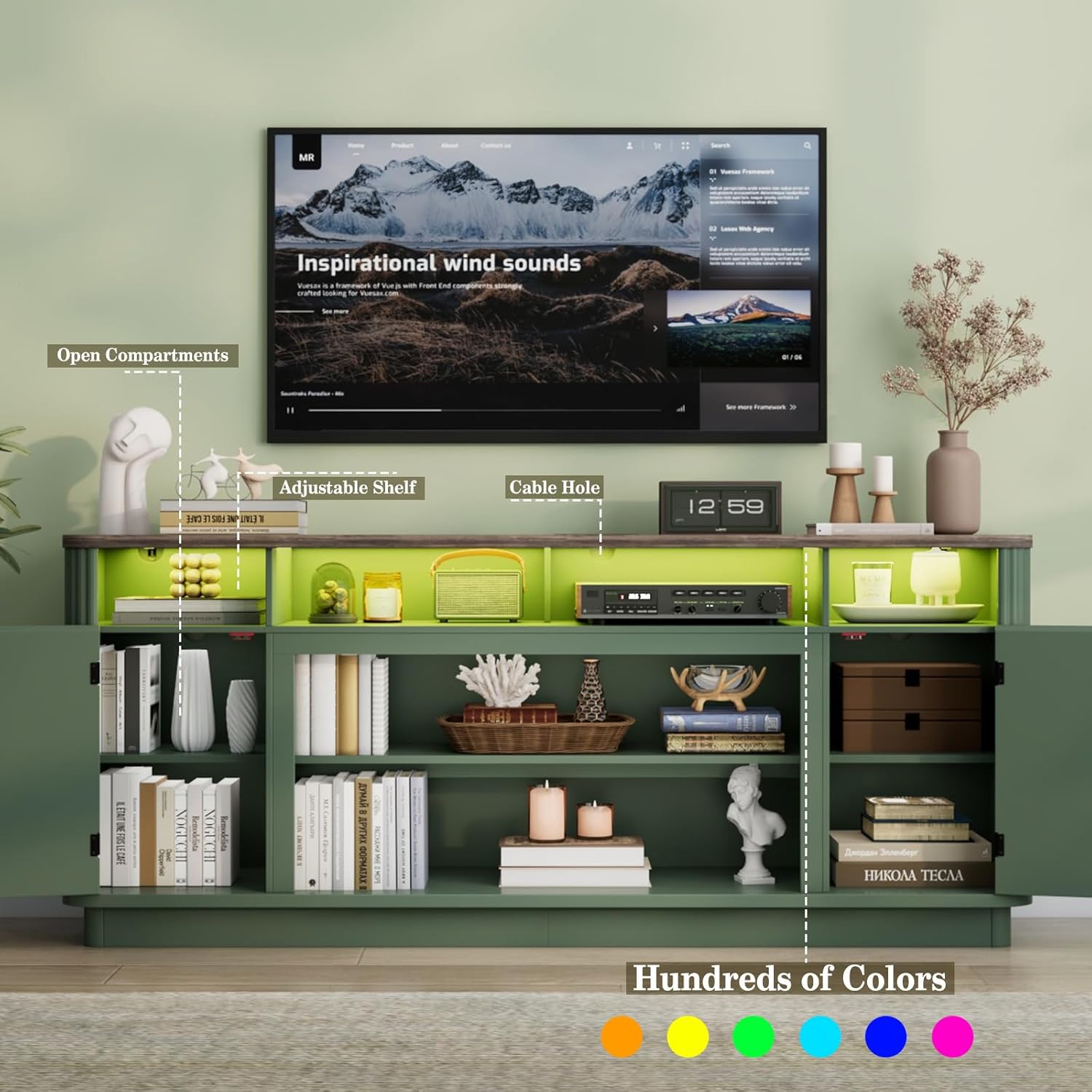 70" Fluted TV Stand for TVs Up to 80 inch Modern Entertainment Center Wood Media Console w/Power Outlets and LED Lights, Adjustable Shelves for Living Room,Green