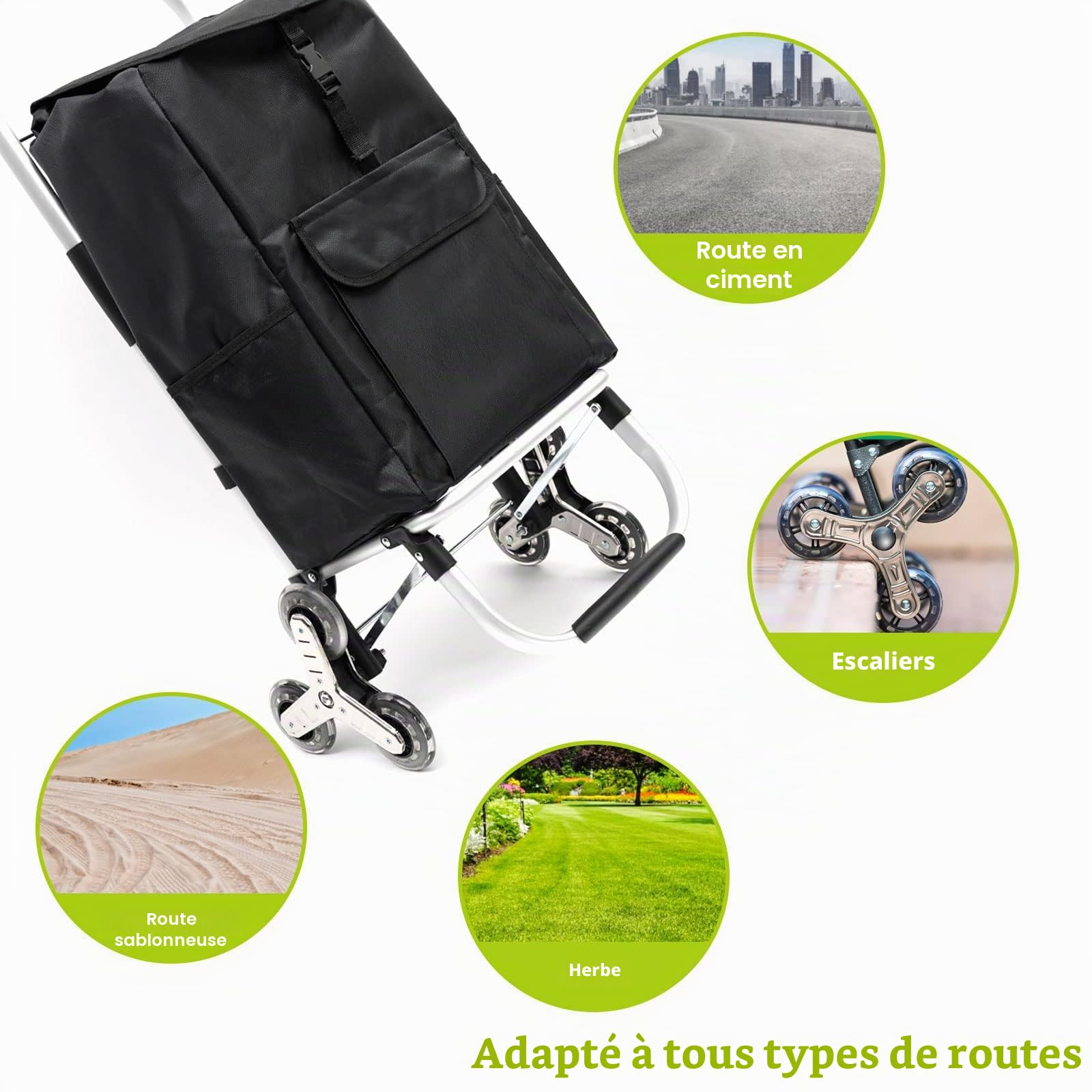 Chariot De Courses Pliable Amovible 6 Roues (56 L),Chariot de Rangement à roulettes avec Sacs de Courses Imperméable et Cordon élastique Ajustable,Chariot à roulettes Escalier,Noir