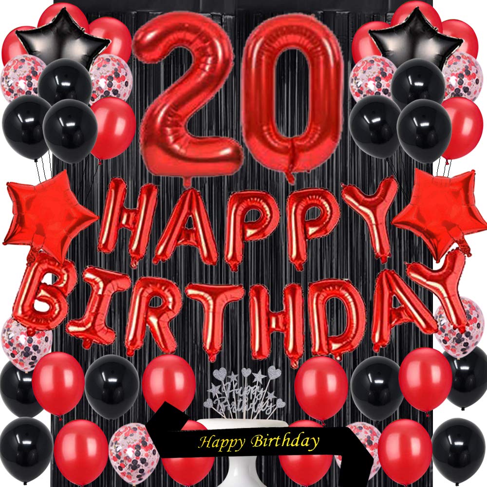 Fancypartyshop 20TH Birthday Party Decorations Supplies Red Black Later Balloons Happy Birthday Cake Topper Sash Foil Black Curtains Foil Star