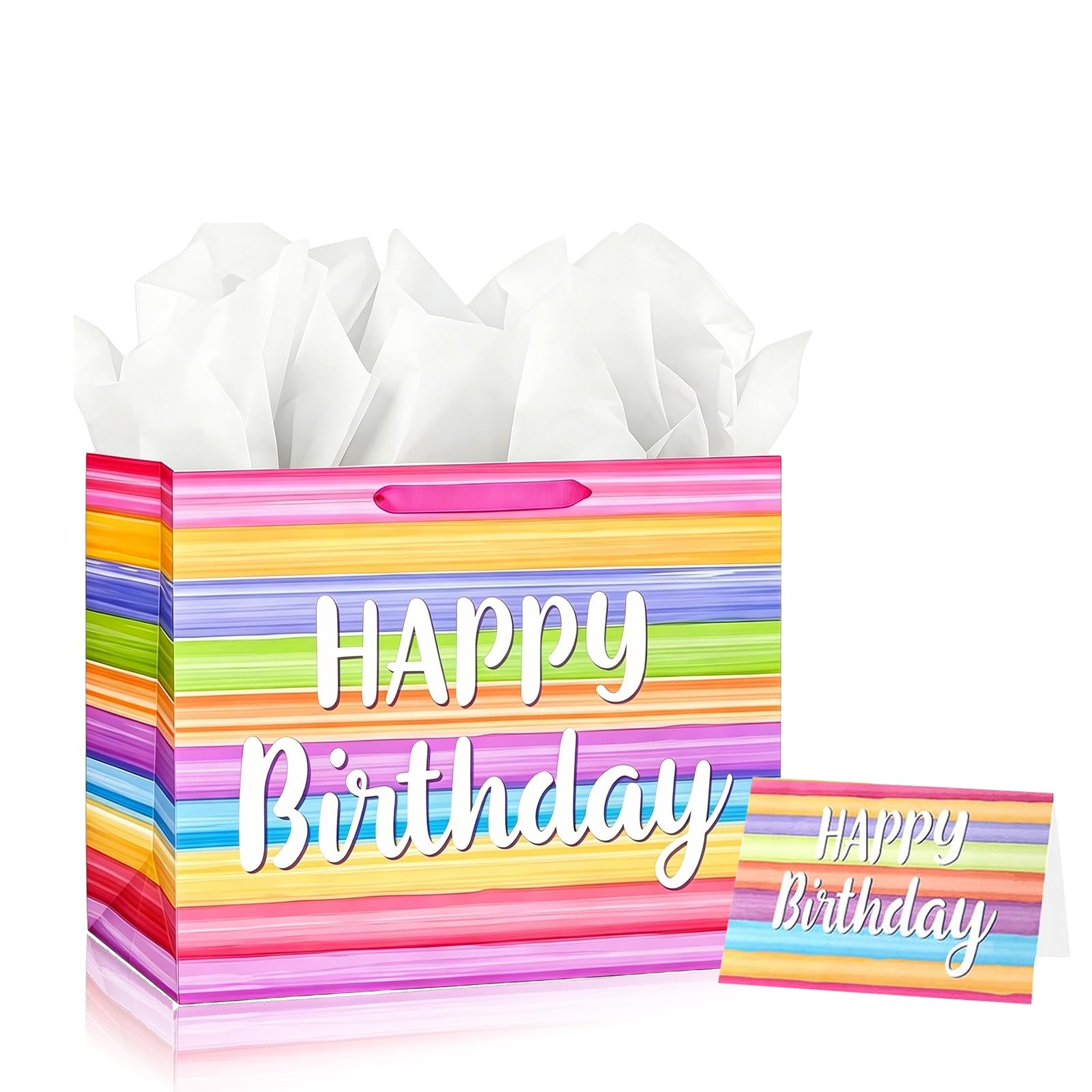 Large Birthday Gift Bag for Kids Adults Presents,Rainbow Striped Gift Wrap Wrapping Bag,33*26*12cm Happy Birthday Party Present Bags with Handles and 3 Wrappers 1 Card,Her Luxury Paper Gift Toto Bags