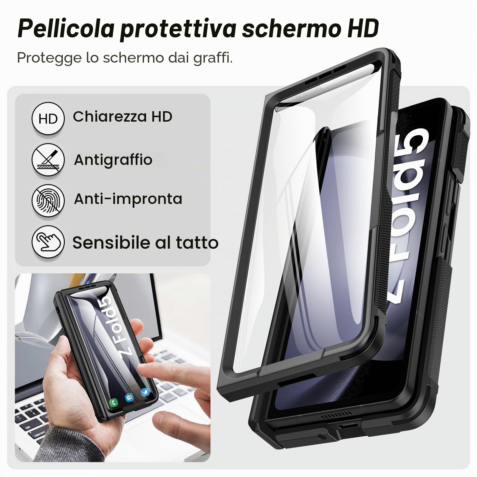 Doeshine Cover Per Samsung Galaxy Z Fold 5 con Supporto, Slot S-Pen Integrato (No S-Pen), [Protezione Cerniera & Pellicola Schermo], Custodia Rigida Robusta per Z Fold 5 Cover Pieghevole (Nero)