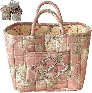 Women's Vintage Large Capacity Quilted Floral Car Storage Basket Tote Bags | Portable Multi use Fabric Organizer, with Handles & Pocket, Work Travel Beach Totes,Home Organizer Bags Daily Use