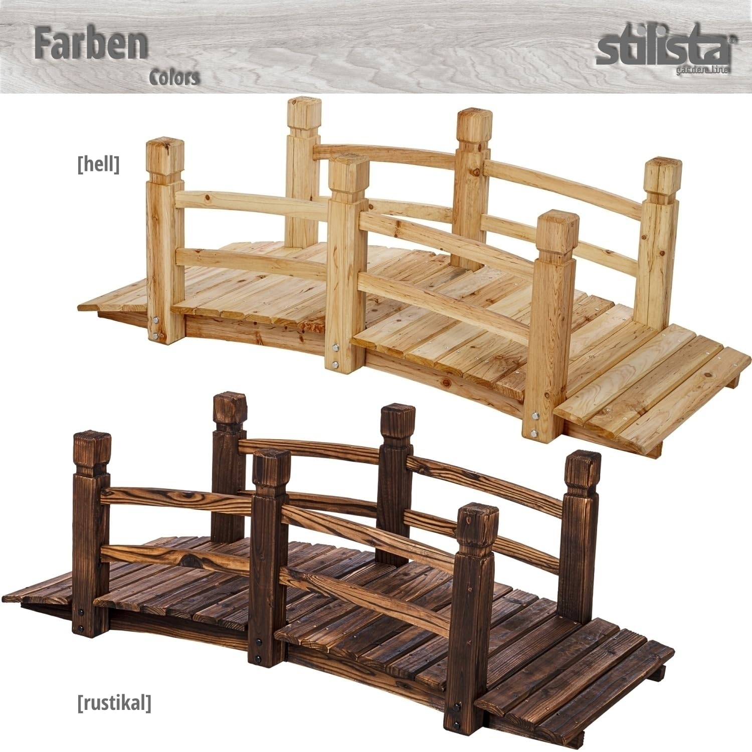 STILISTA Holzbrücke mit Geländer 150 x 65 x 53 cm, geölt, belastbar bis 150 kg, Farbwahl, Dunkel-braun