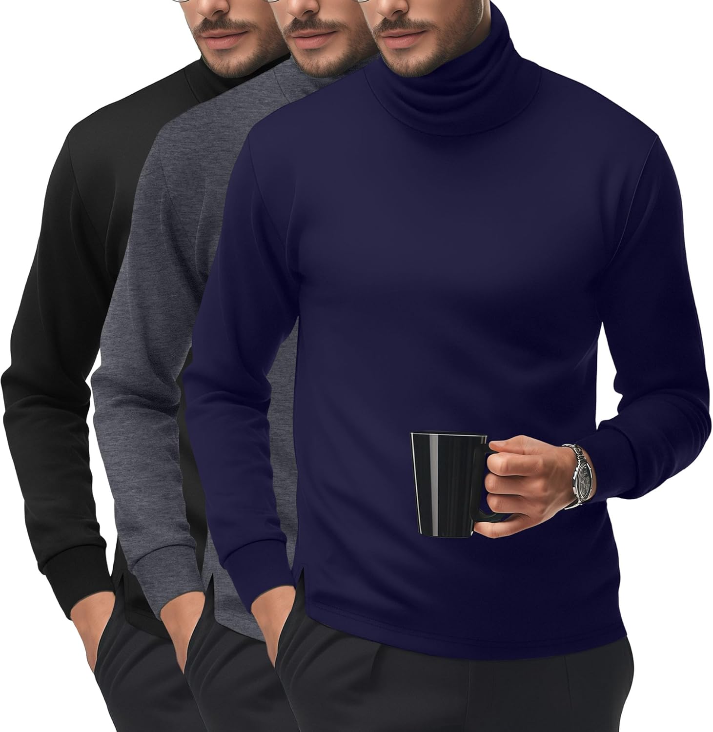 Riyiper Men's 3 Pack Basic Turtleneck Shirts Knitted Long Sleeve Slim Fit Casual Fall Winter Underwear Thermal Tops