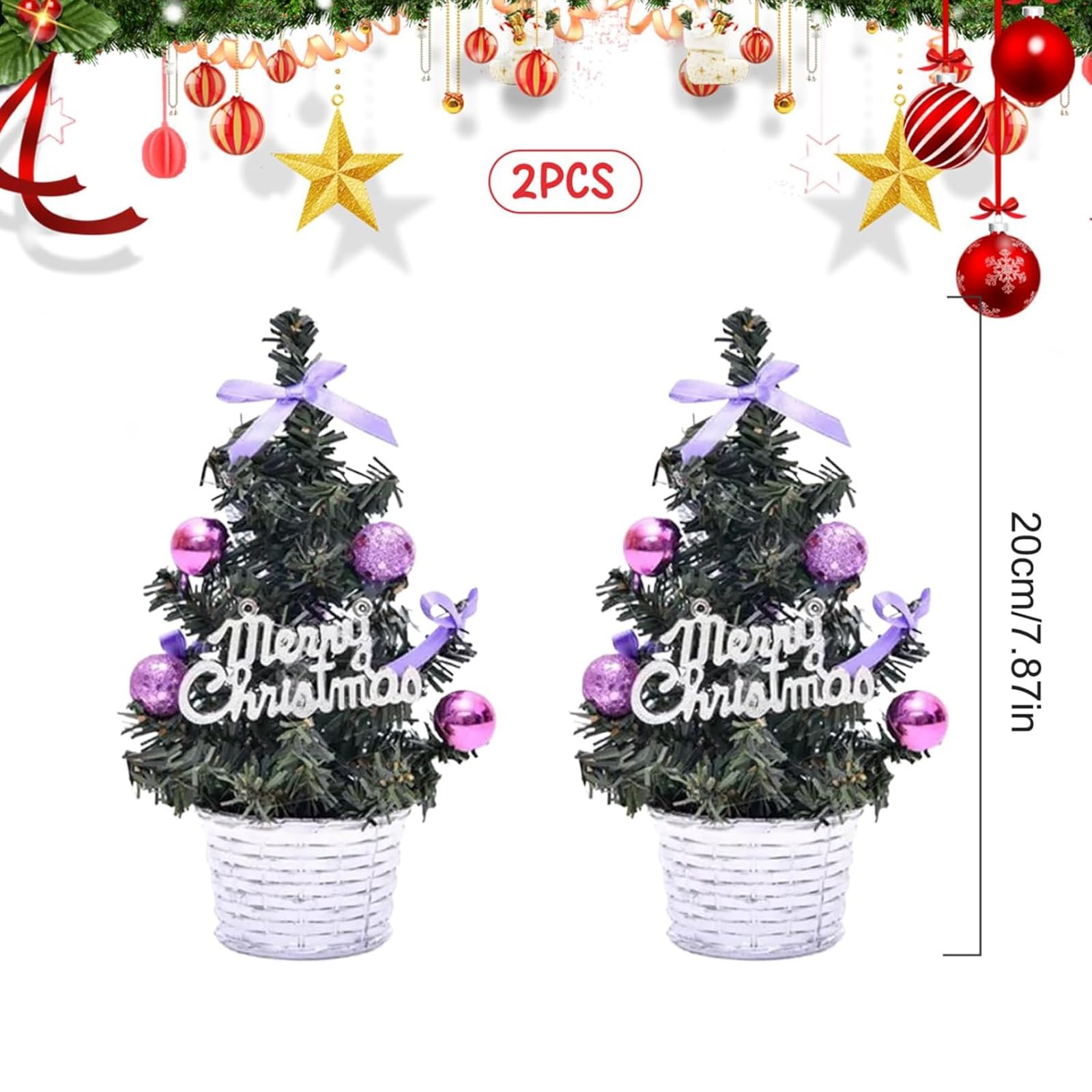 2 pezzi di albero di Natale artificiale con palline e fiocco, piccolo albero ornamentale da tavolo for la decorazione di casa e ufficio Piante artificiali(Style1)