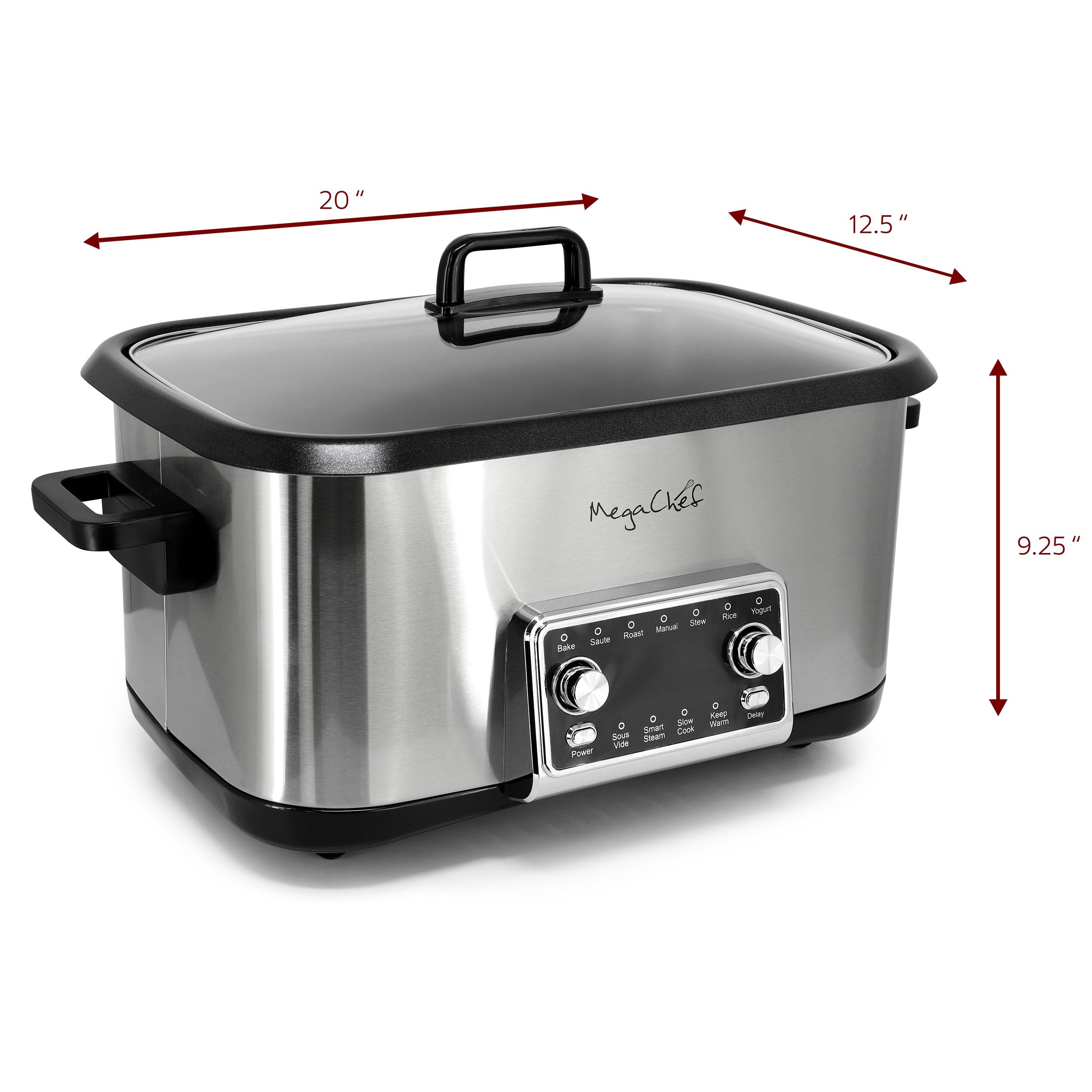 MegaChef Deluxe - Multicocina programable 12 en 1 de 8 cuartos con Sous Vide y multifunción, pantalla digital, temperatura y tiempo ajustables, olla extraíble, tapa de vidrio templado