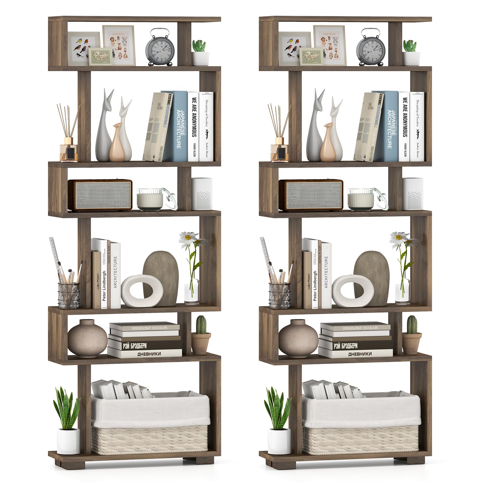 Giantex 6-Tier Geometric Bookcase Set of 2, 64" Tall S-Shaped Bookshelf w/Anti-Tipping Kit, Wood Freestanding Decorative Storage Display Shelves for