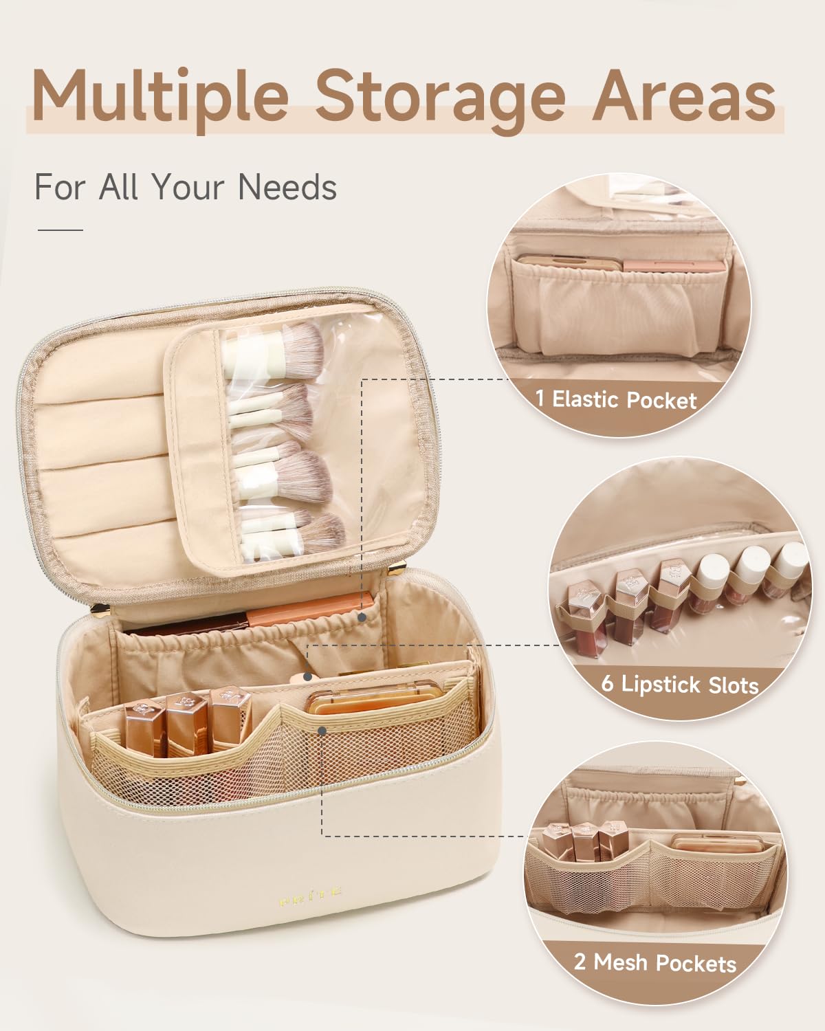 Prite Large Makeup Bag for Women Travel Cosmetic Case Waterproof PU Leather Toiletry Bag Portable Make Up Organiser with Handle and Removable Divider (Beige) - Image 4