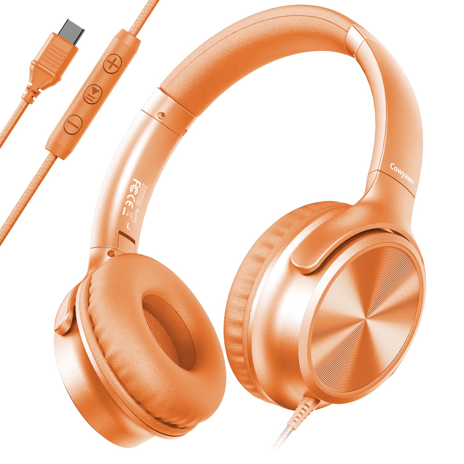 Cowyawn Cuffie USB C cablate, over-ear, con cavo USB C, con microfono, controllo del volume, suono stereo HD, cuffie pieghevoli USB tipo C per adulti/ragazzi/laptop/computer/iPhone 15/16/17, arancione